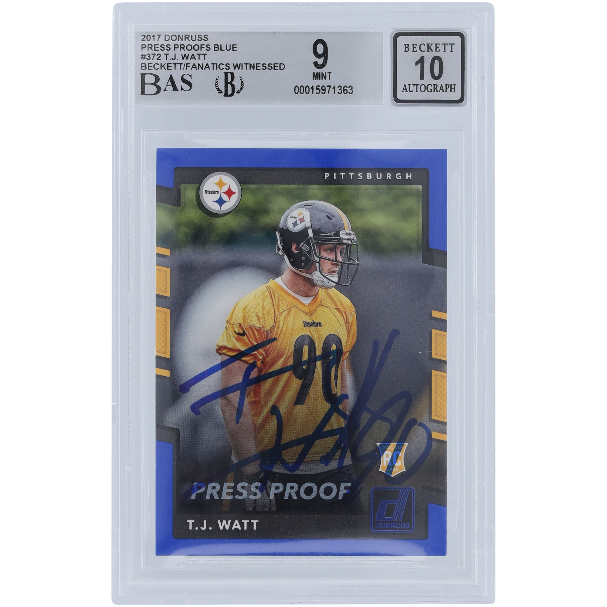 T.J. Watt Pittsburgh Steelers signierte 2017 Panini Donruss Press Proof Blau #372 Beckett Fanatics bezeugte authentifizierte 9/10 Rookie-Karte