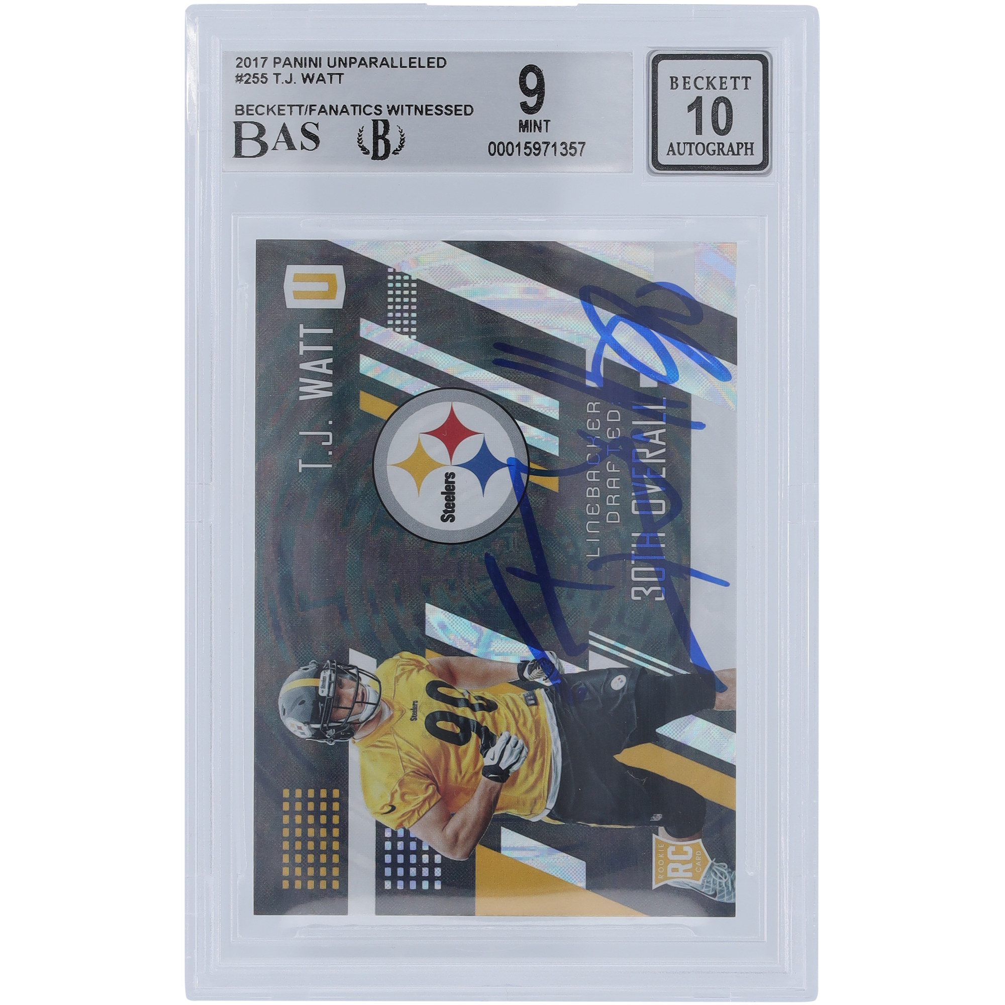 T.J. Watt Pittsburgh Steelers signierte 2017 Panini Unparalleled #255 Beckett Fanatics bezeugte authentifizierte 9/10 Rookie-Karte