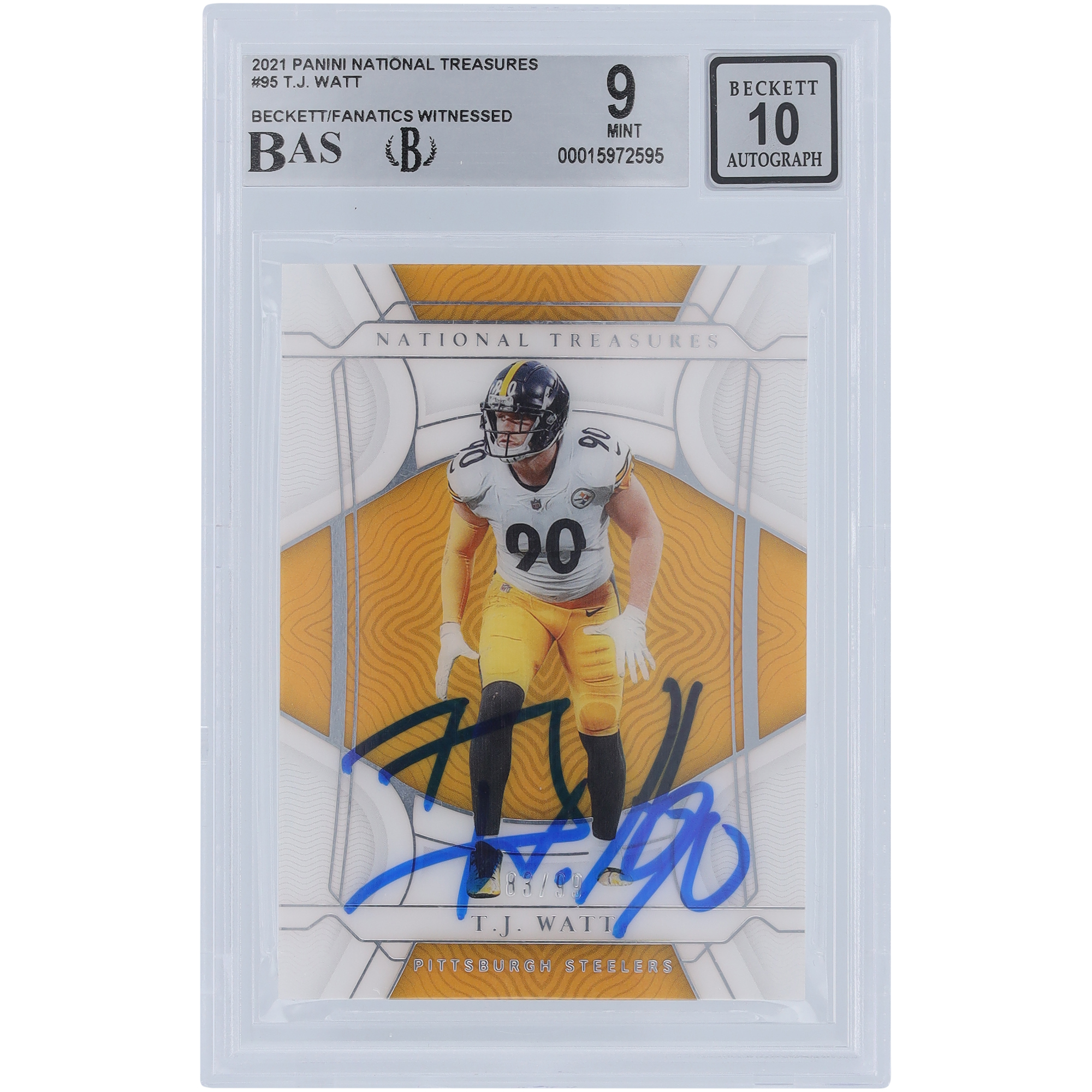 T.J. Watt Pittsburgh Steelers signierte 2021 Panini National Treasures #95 #/99 Beckett Fanatics bezeugte authentifizierte 9/10 Karte