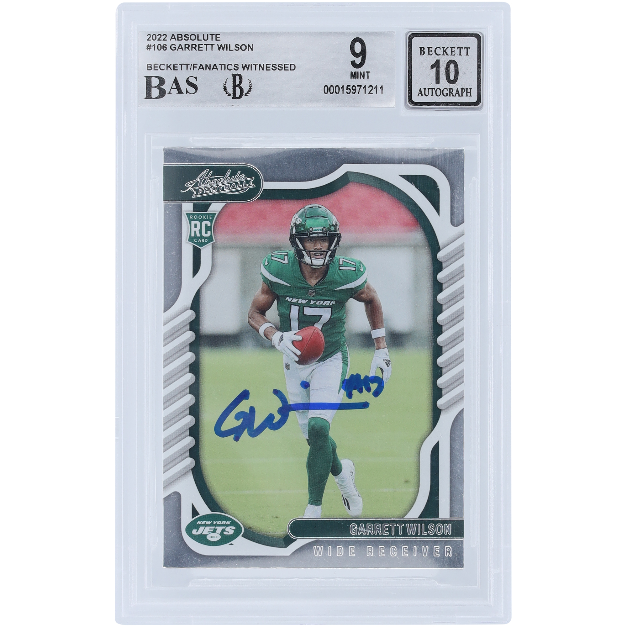 Garrett Wilson New York Jets signierte 2022 Panini Absolute #106 Beckett Fanatics bezeugte authentifizierte 9/10 Rookie-Karte