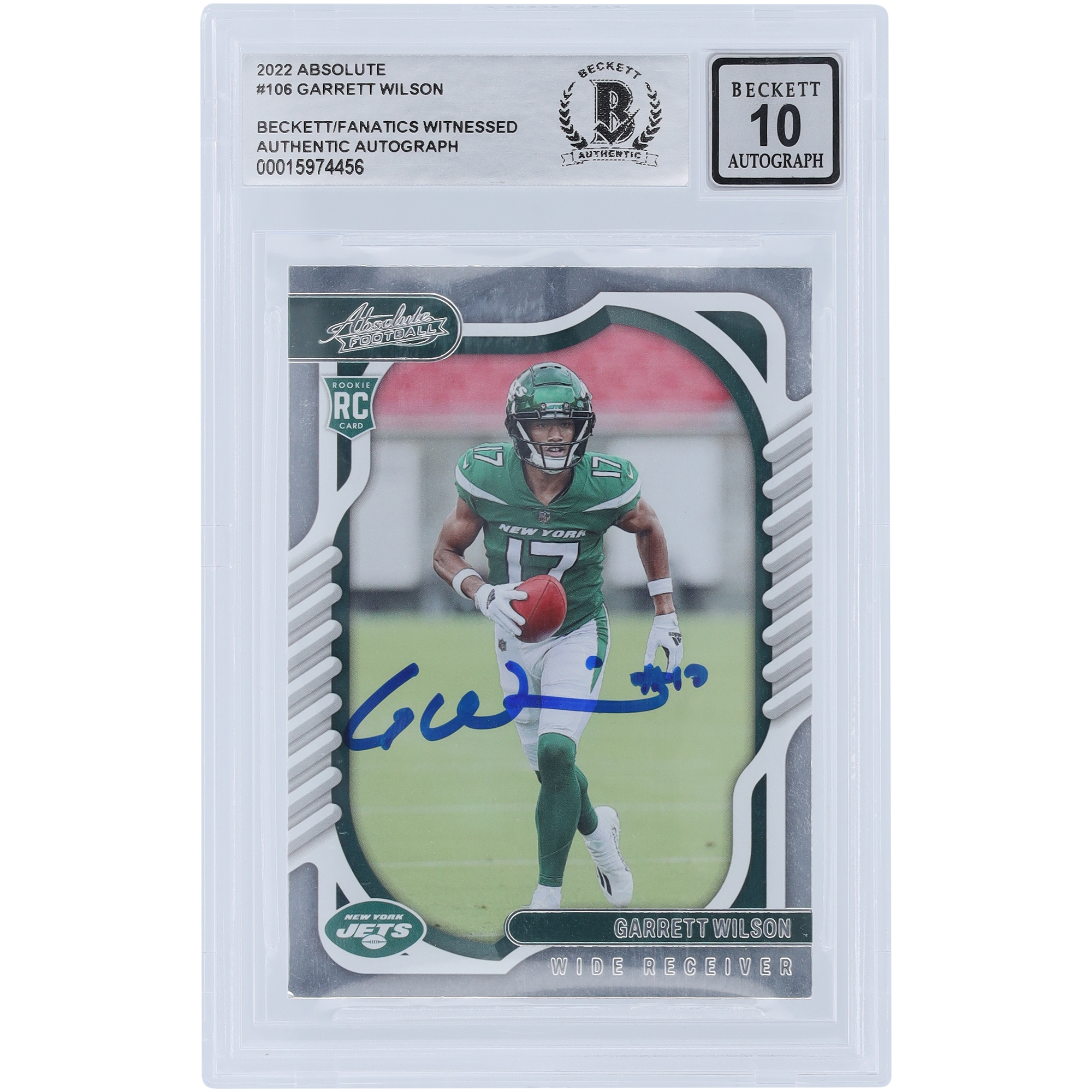 Garrett Wilson New York Jets signierte 2022 Panini Absolute #106 Beckett Fanatics bezeugte authentifizierte 10 Rookie-Karte