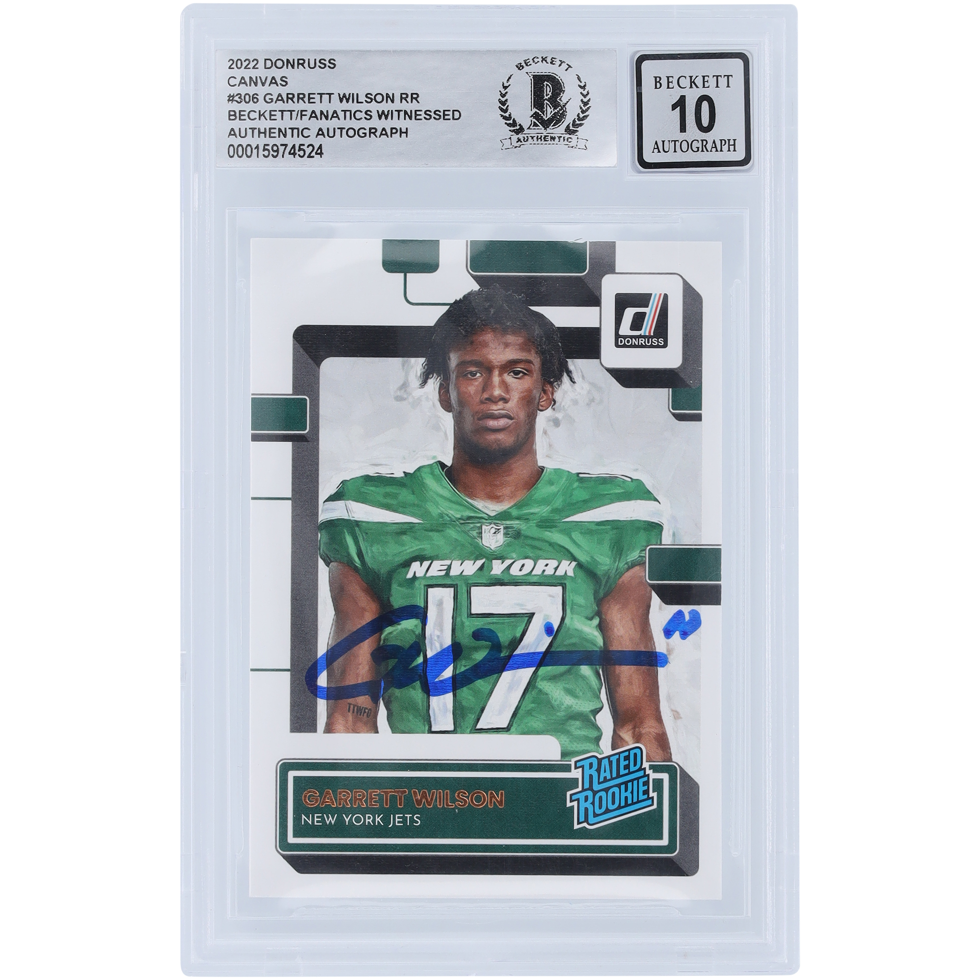 Garrett Wilson New York Jets signiert 2022 Panini Donruss bewertet Rookie Canvas #306 Beckett Fanatics bezeugt authentifiziert 10 Rookie-Karte