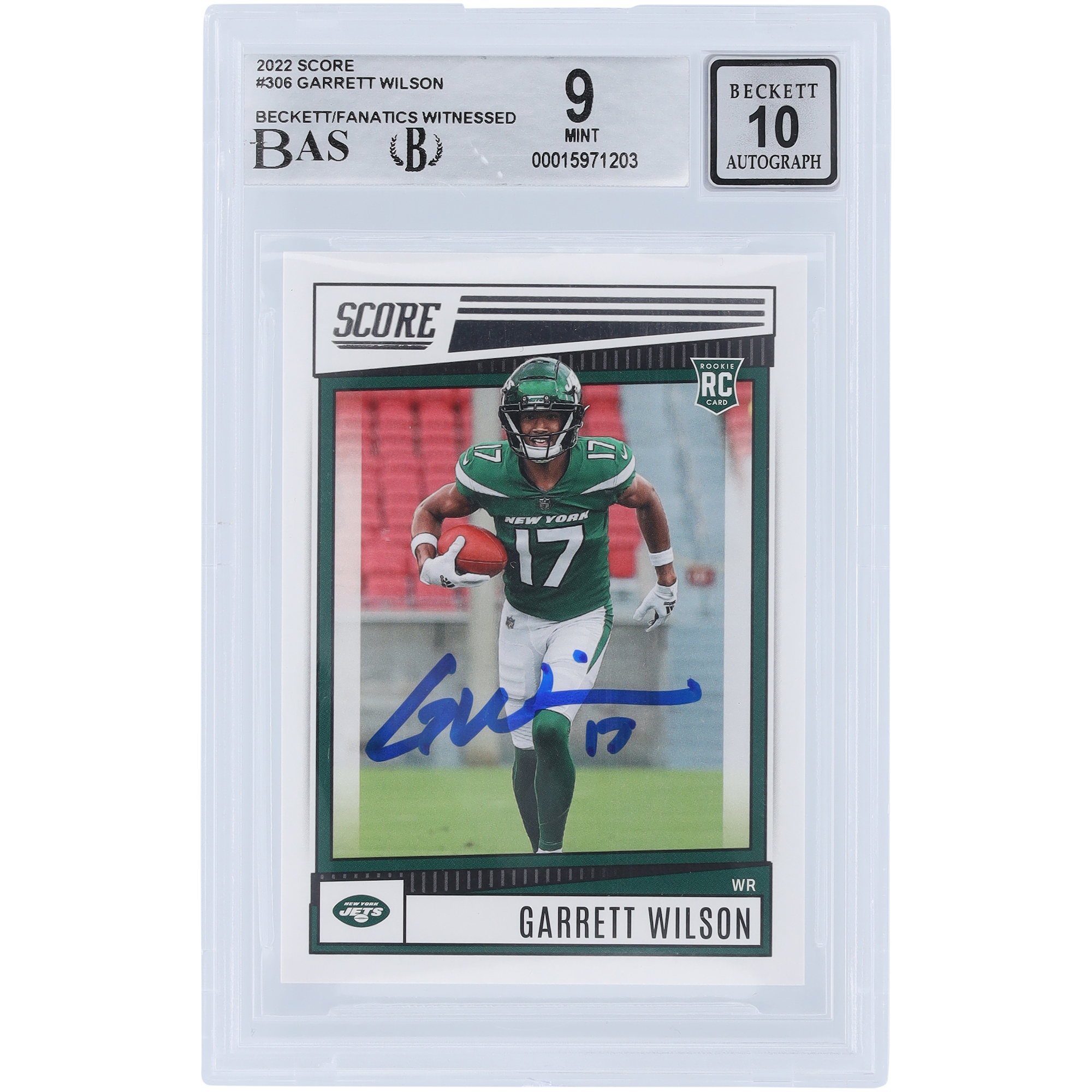 Garrett Wilson New York Jets signierte 2022 Panini Score #306 Beckett Fanatics bezeugte authentifizierte 9/10 Rookie-Karte