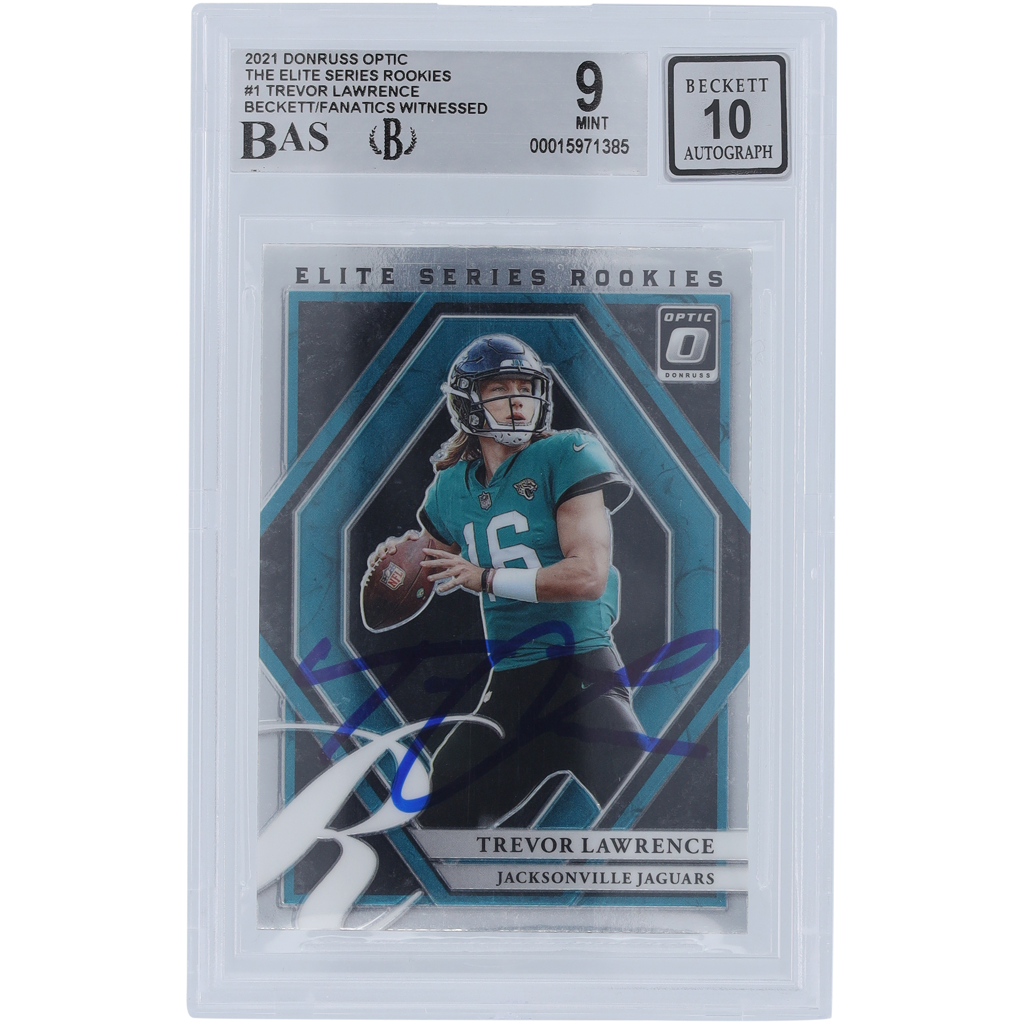 Trevor Lawrence Jacksonville Jaguars signierte 2021 Panini Donruss Optic Elite Series #ESR-1 Beckett Fanatics bezeugte authentifizierte 9/10 Rookie-Karte