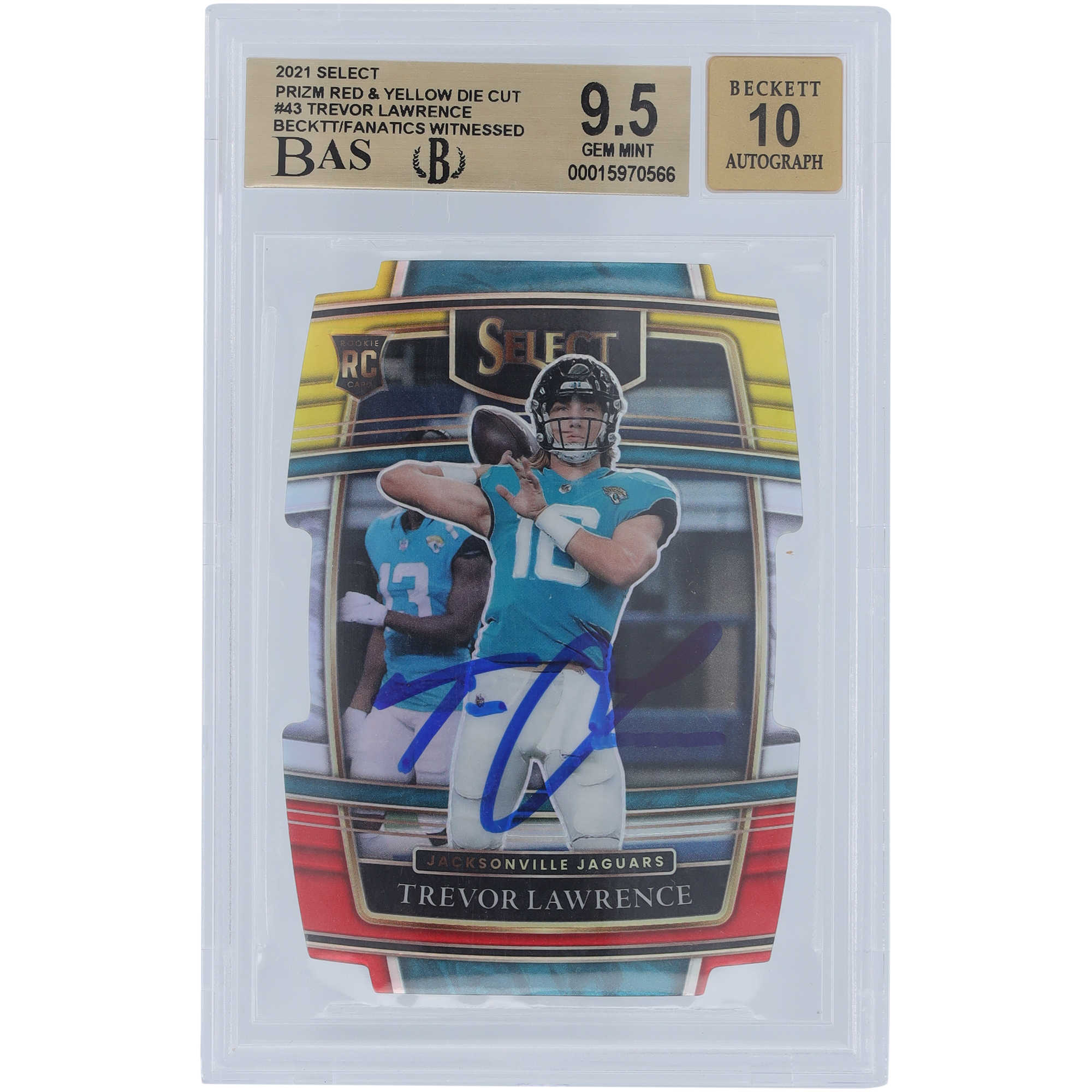 Trevor Lawrence Jacksonville Jaguars signierte 2021 Panini Select Rot Gelb Gestanzte #43 Beckett Fanatics Zeuge Authentizität 9,5/10 Rookie-Karte