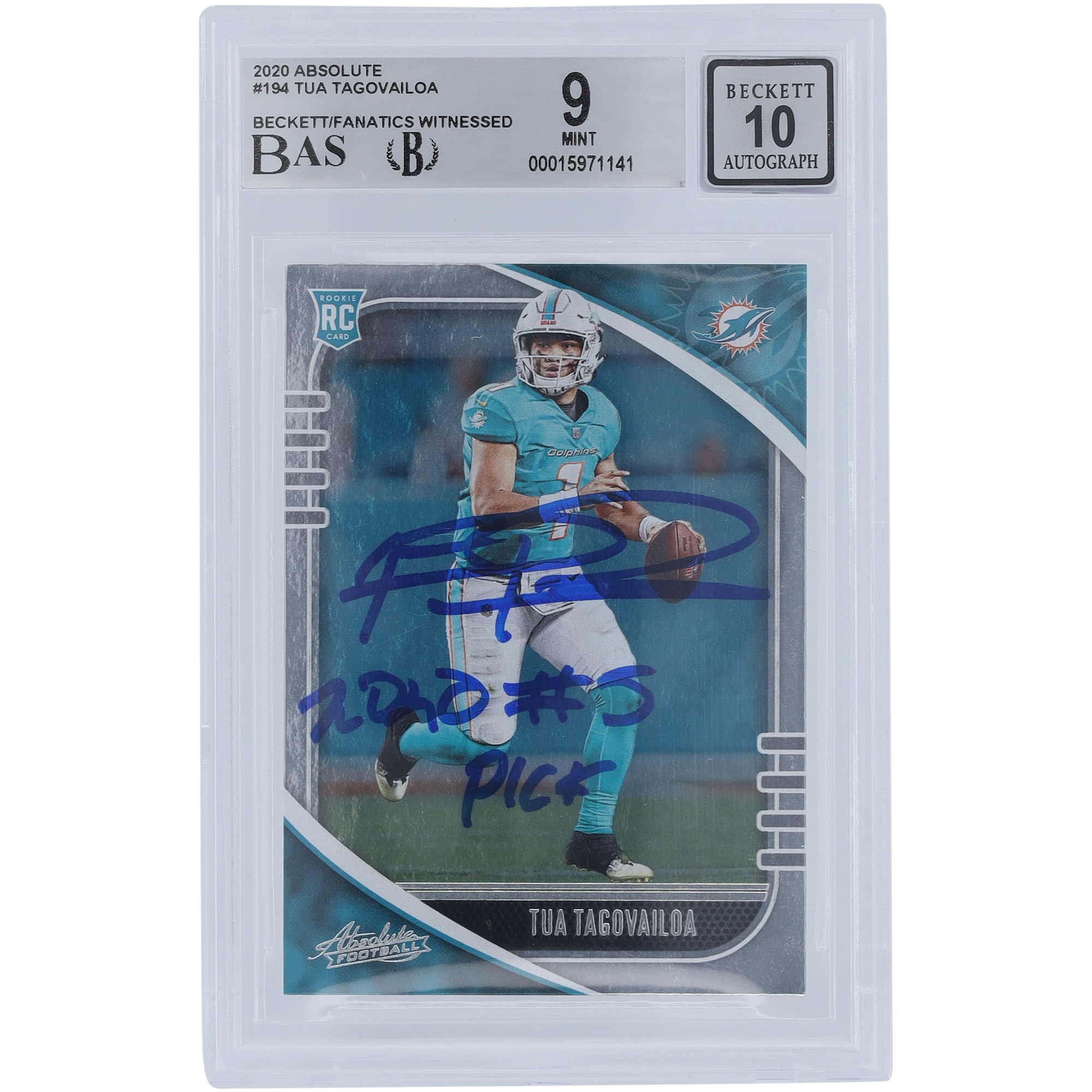 Tua Tagovailoa Miami Dolphins signierte 2020 Panini Absolute #194 Beckett Fanatics bezeugte authentifizierte 9/10 Rookie-Karte mit „2020 #5 Pick“-Inschrift