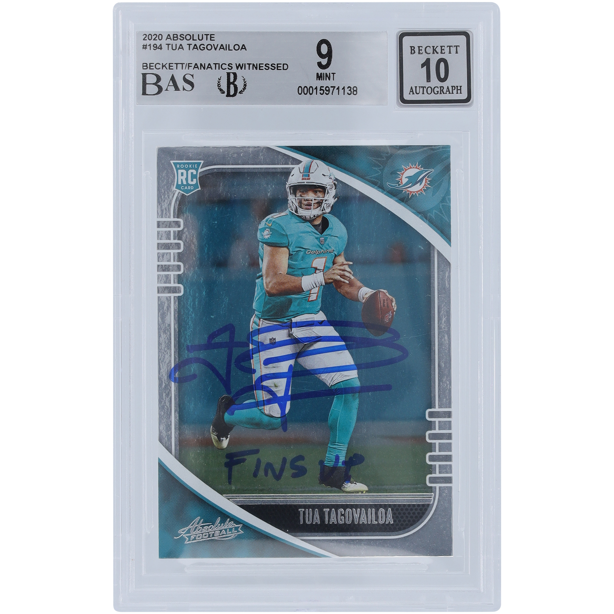 Tua Tagovailoa Miami Dolphins signierte 2020 Panini Absolute #194 Beckett Fanatics bezeugte authentifizierte 9/10 Rookie-Karte mit „Fins Up“-Aufschrift