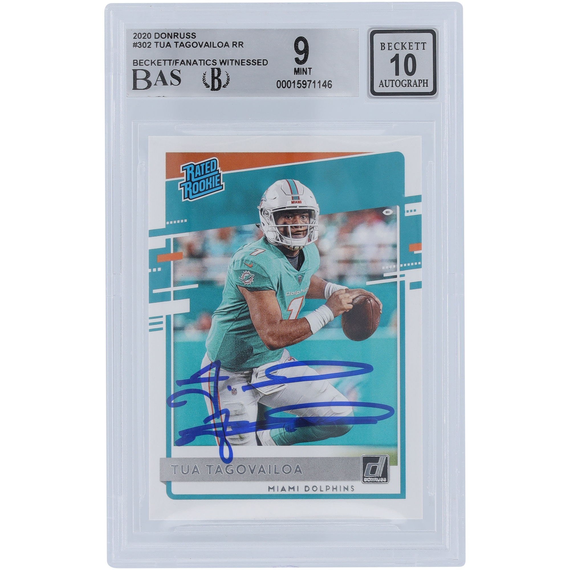 Tua Tagovailoa Miami Dolphins signierte 2020 Panini Donruss bewertet Rookie #302 Beckett Fanatics bezeugt authentifizierte 9/10 Rookie-Karte