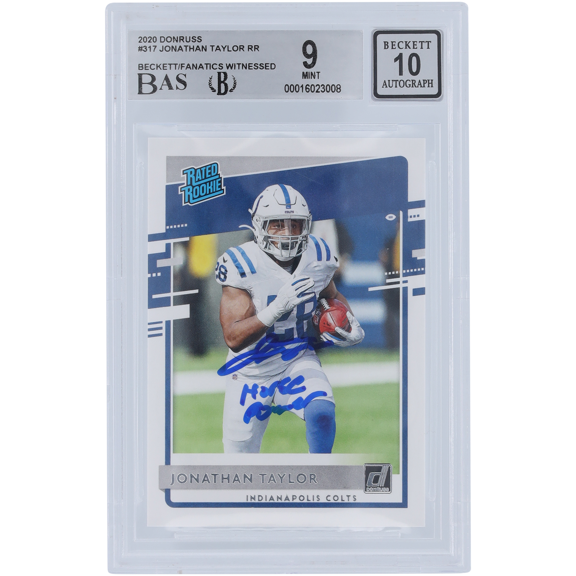 Jonathan Taylor, Indianapolis Colts, signierte 2020 Panini Donruss Rookie #317, von Beckett Fanatics bezeugte authentifizierte 9/10 Rookie-Karte mit „Horse Power“-Aufschrift