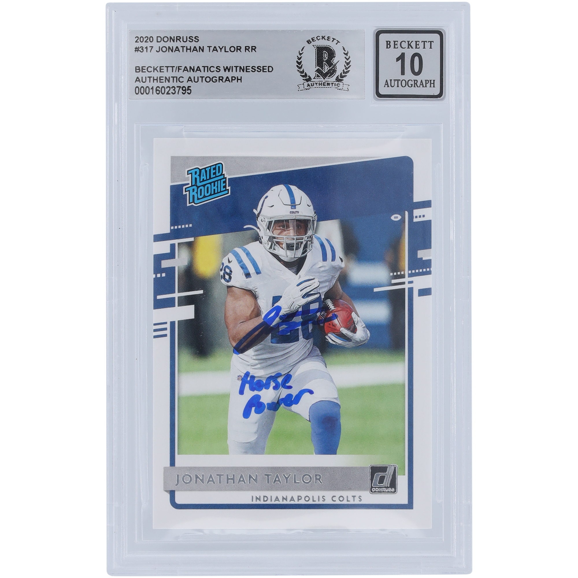 Jonathan Taylor, Indianapolis Colts, signierte 2020 Panini Donruss Rookie #317, von Beckett Fanatics bezeugte authentifizierte 10 Rookie-Karte mit „Horse Power“-Aufschrift