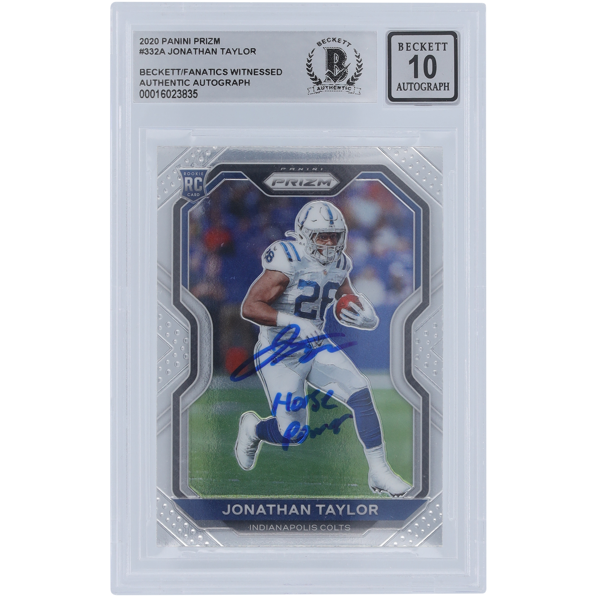 Jonathan Taylor Indianapolis Colts signierte 2020 Panini Prizm #332 Beckett Fanatics bezeugte authentifizierte 10 Rookie-Karte mit „Horse Power“-Inschrift