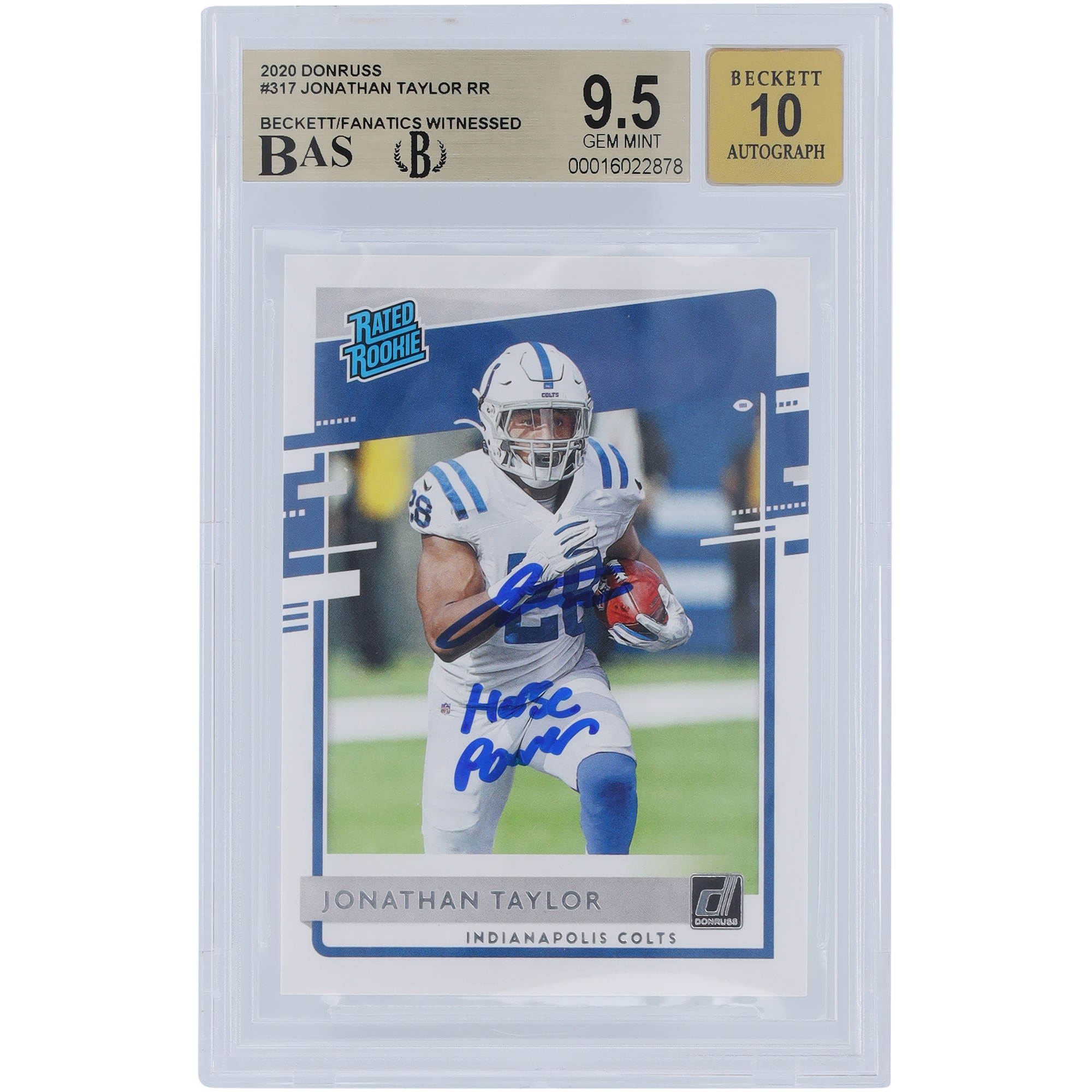 Jonathan Taylor, Indianapolis Colts, signierte 2020 Panini Donruss Rookie #317, von Beckett Fanatics bezeugte authentifizierte 9,5/10 Rookie-Karte mit „Horse Power“-Aufschrift