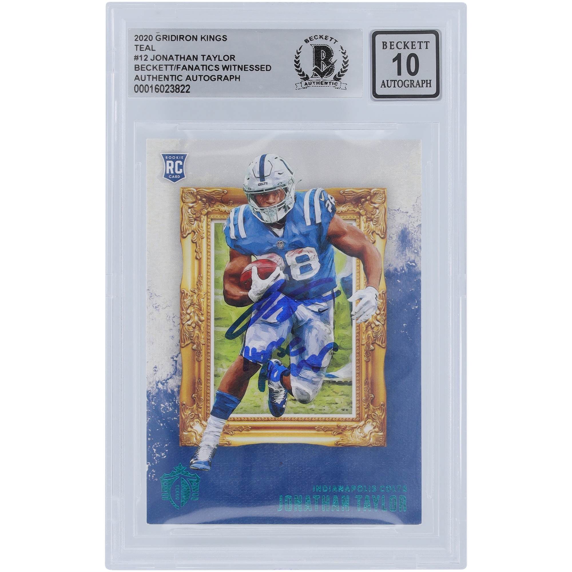 Jonathan Taylor Indianapolis Colts signierte 2020 Panini Gridiron Kings Teal #GK-12 Beckett Fanatics bezeugte authentifizierte 10 Rookie-Karte mit „Horse Power“-Inschrift