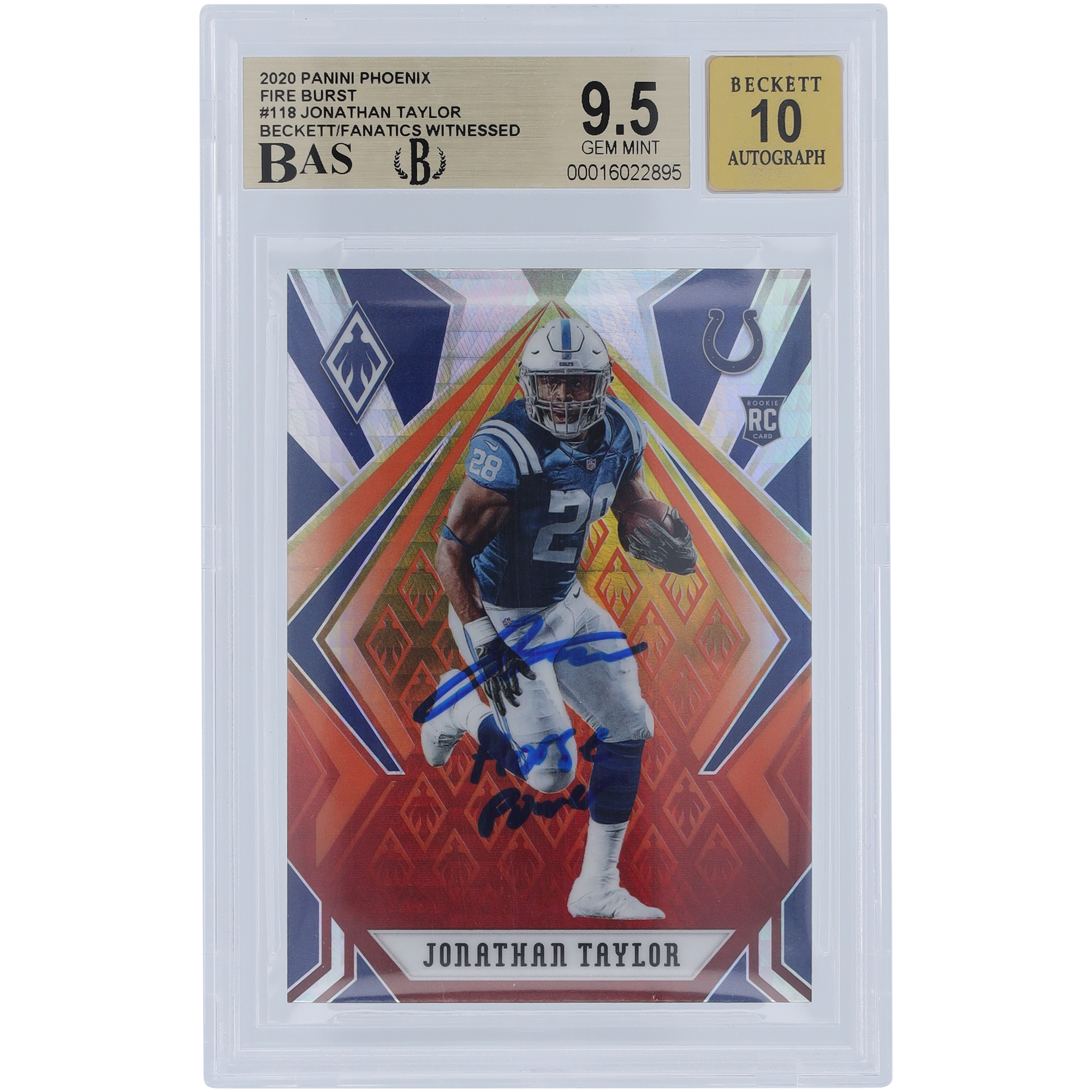 Jonathan Taylor Indianapolis Colts signierte 2020 Panini Phoenix Fireburst #118 Beckett Fanatics bezeugte authentifizierte 9,5/10 Rookie-Karte mit „Horse Power“-Inschrift