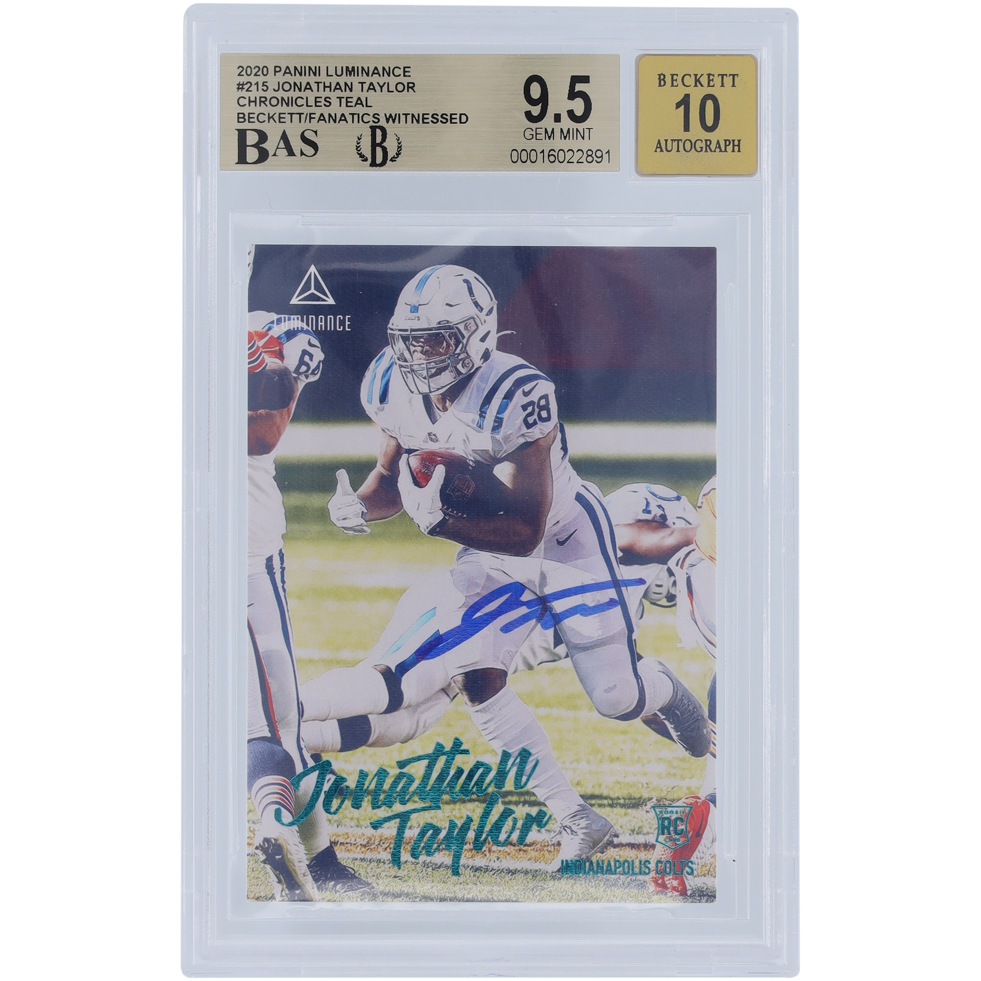 Jonathan Taylor Indianapolis Colts signierte 2020 Panini Luminance Teal #215 Beckett Fanatics bezeugte authentifizierte 9,5/10 Rookie-Karte