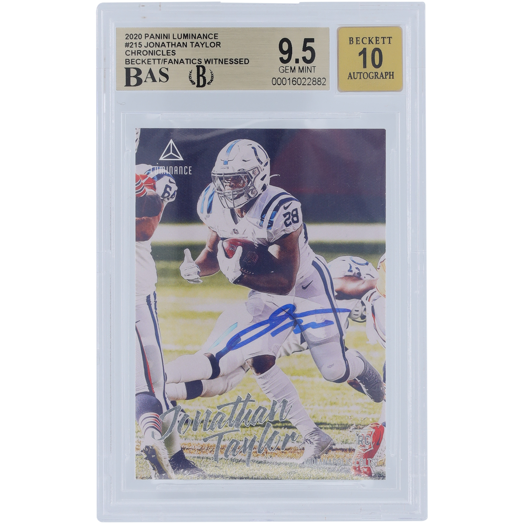 Jonathan Taylor Indianapolis Colts signierte 2020 Panini Luminance #215 Beckett Fanatics bezeugte authentifizierte 9,5/10 Rookie-Karte