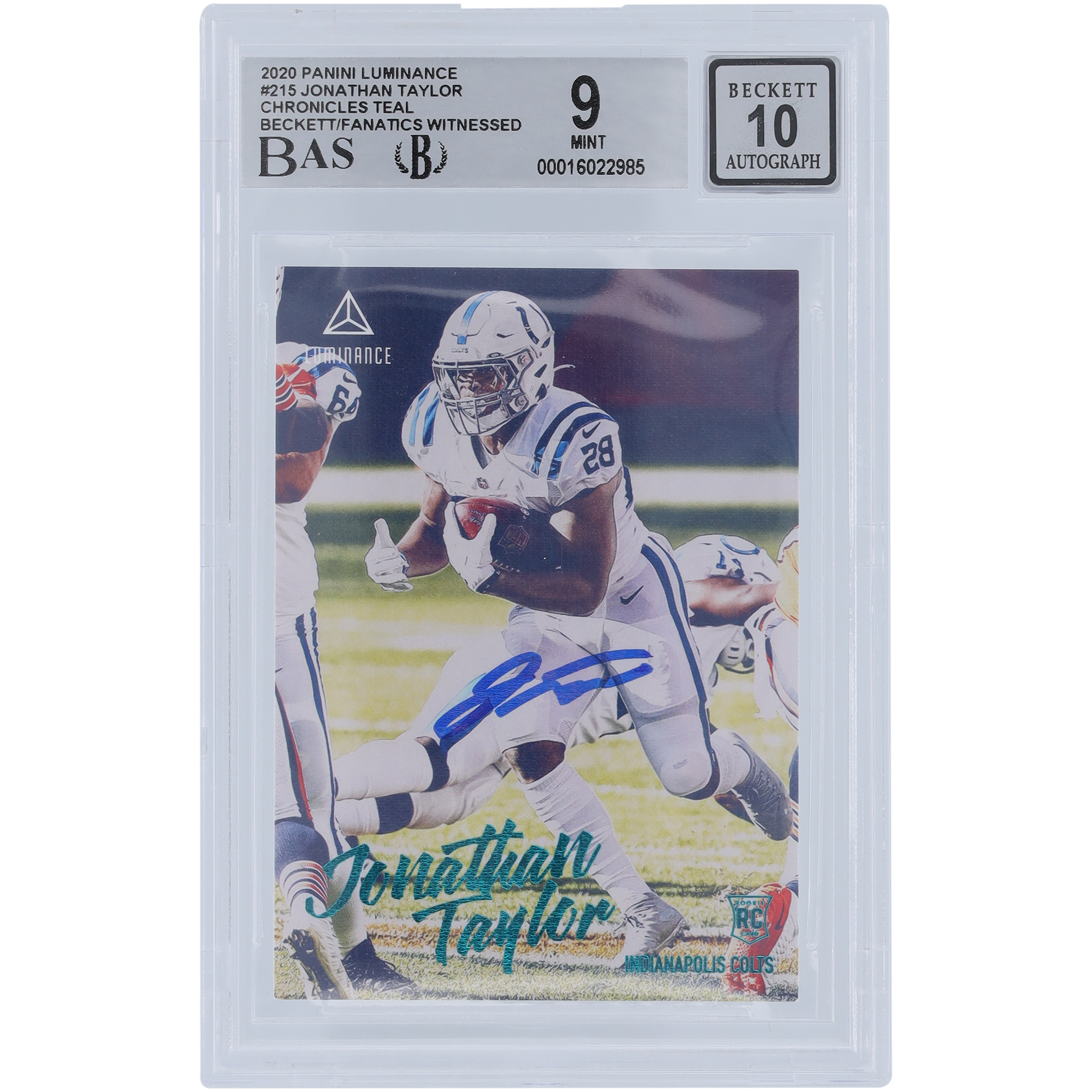 Jonathan Taylor Indianapolis Colts signierte 2020 Panini Luminance Teal #215 Beckett Fanatics bezeugte authentifizierte 9/10 Rookie-Karte