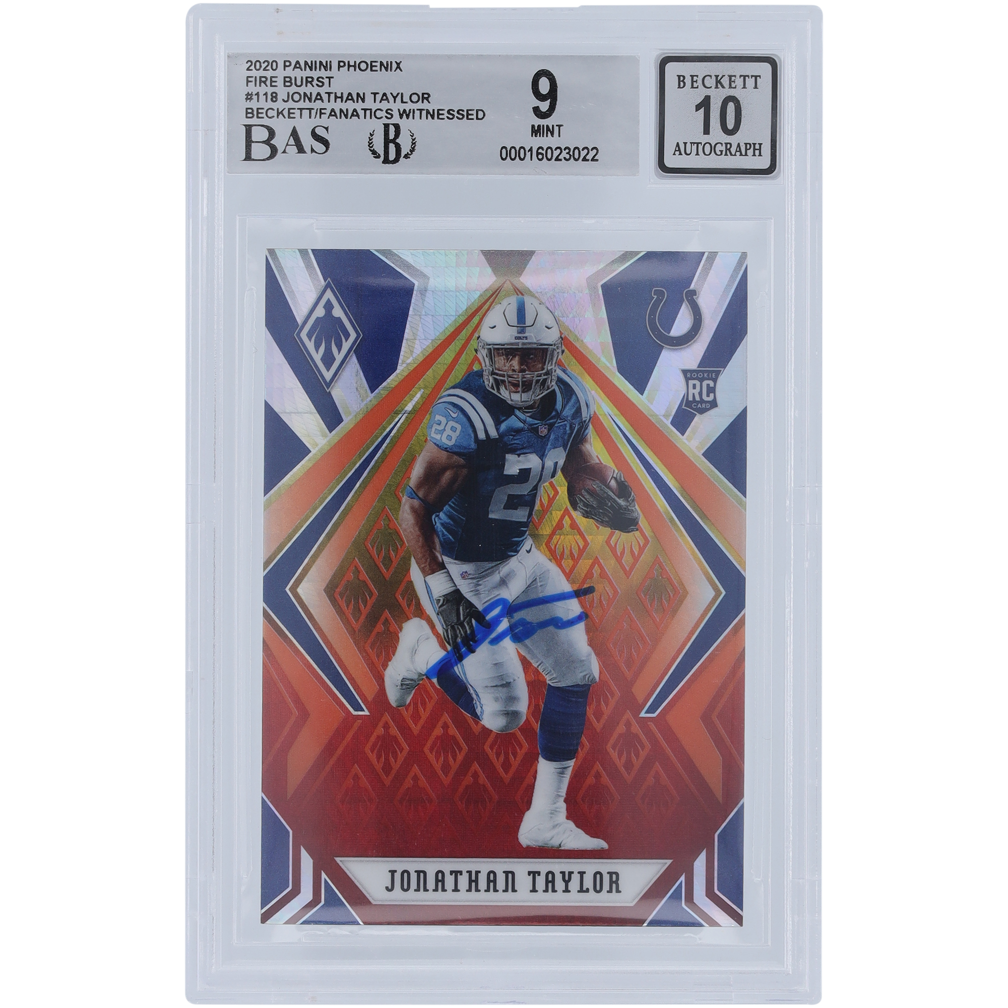 Jonathan Taylor Indianapolis Colts signierte 2020 Panini Phoenix Fire Burst #118 Beckett Fanatics bezeugte authentifizierte 9/10 Rookie-Karte