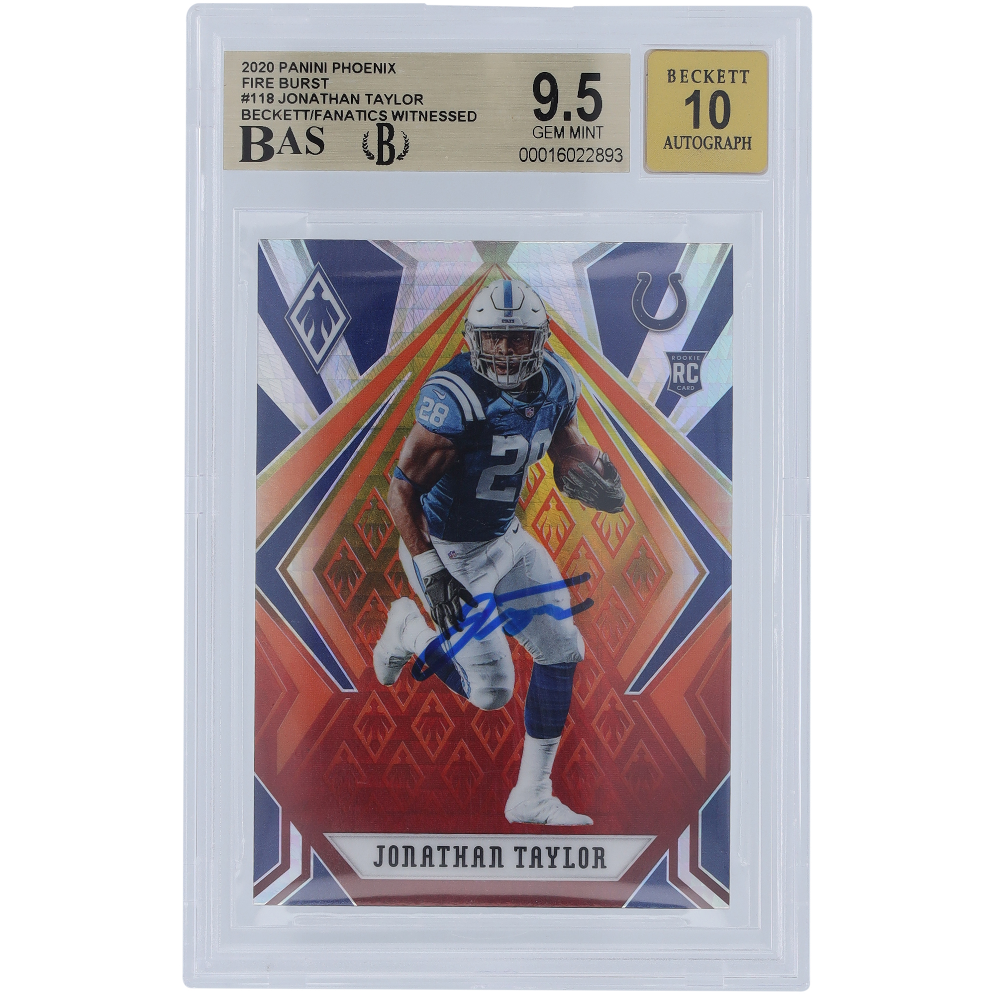 Jonathan Taylor Indianapolis Colts signierte 2020 Panini Phoenix Fire Burst #118 Beckett Fanatics bezeugte authentifizierte 9,5/10 Rookie-Karte