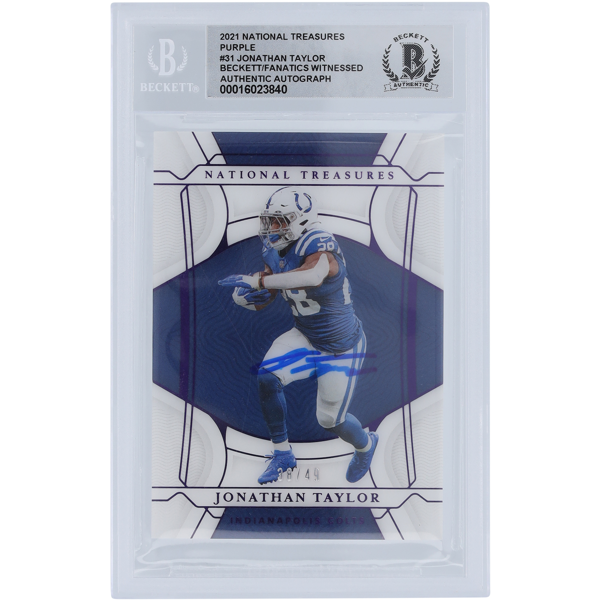 Jonathan Taylor Indianapolis Colts signiert 2021 Panini National Treasures Lila #31 #/49 Beckett Fanatics Zeuge authentifiziert 10 Karte