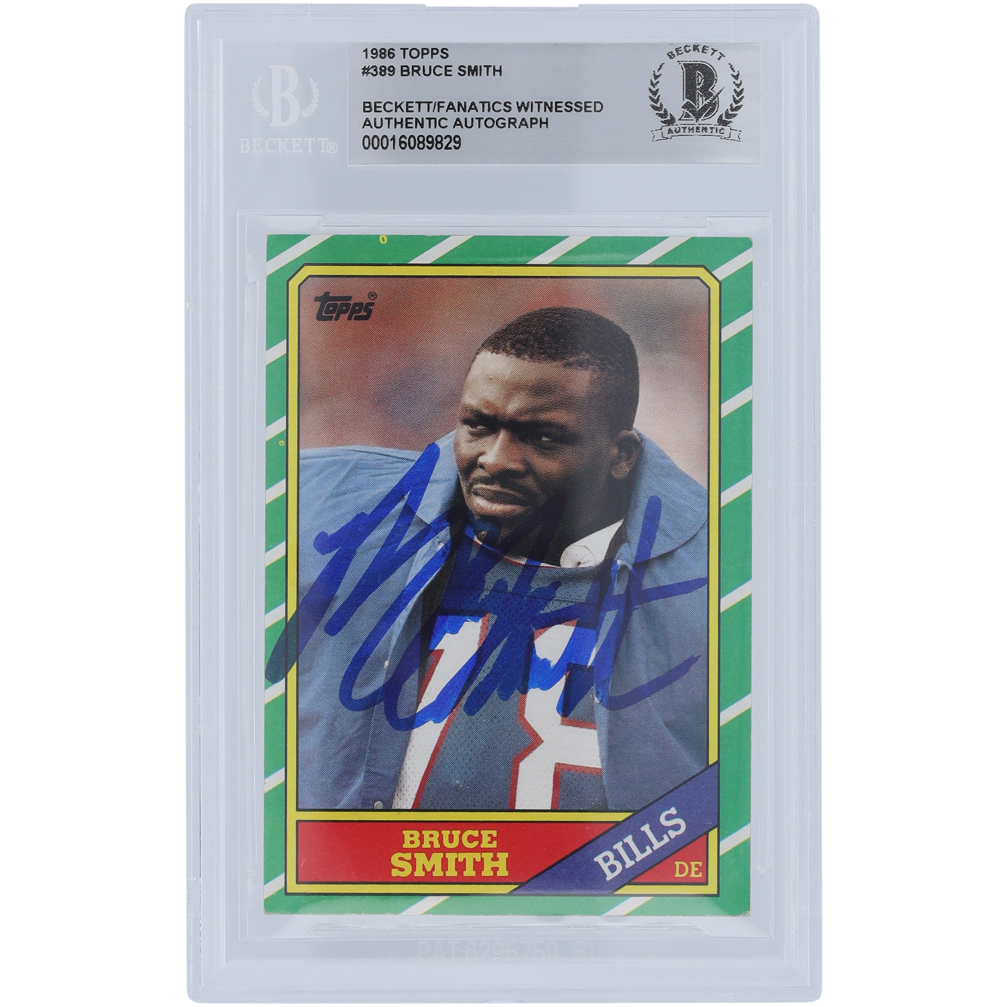 Bruce Smith, Buffalo Bills, signierte 1986 Topps Serie 1 #389, Beckett Fanatics, bezeugte authentifizierte Rookie-Karte