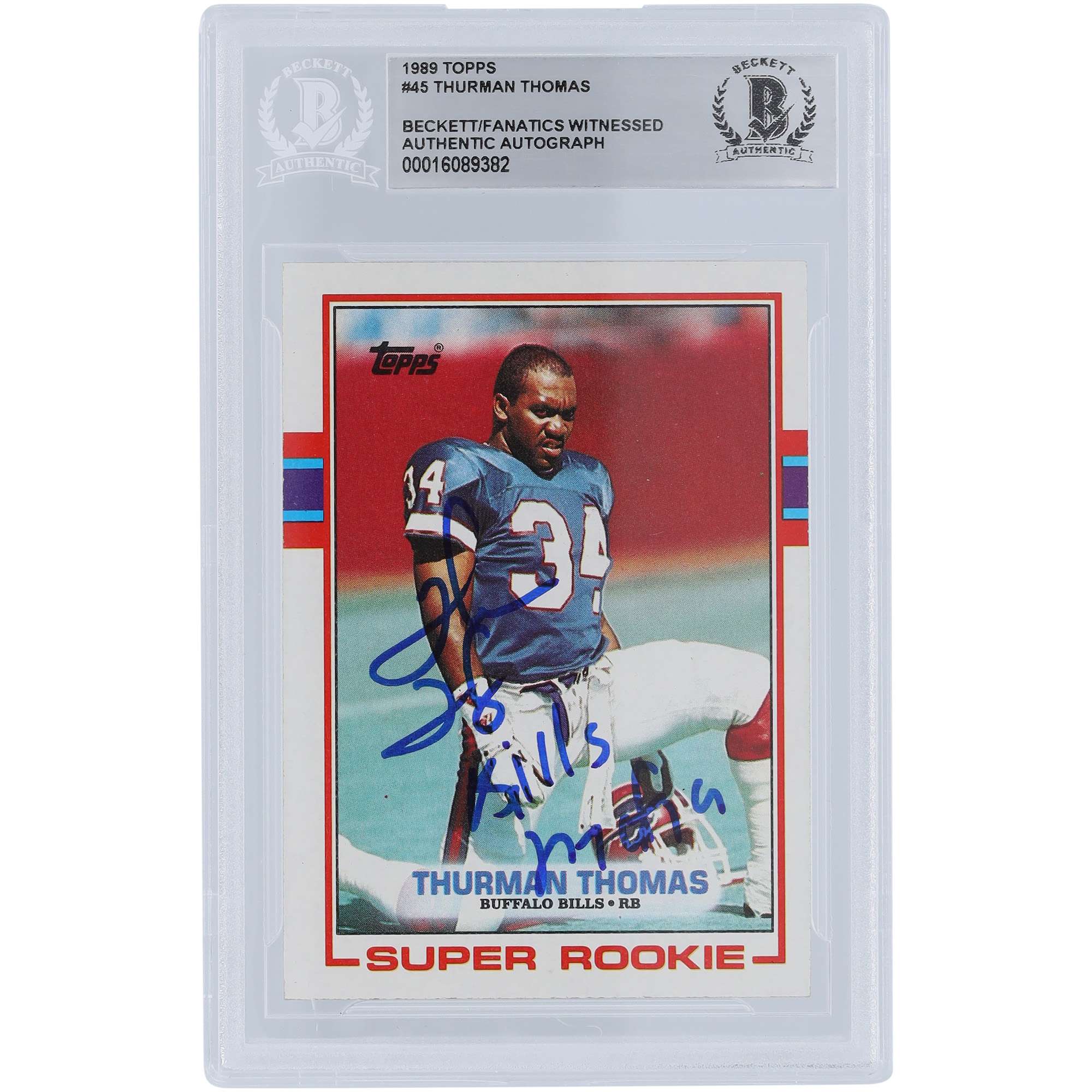 Thurman Thomas Buffalo Bills signierte 1989 Topps Serie 1 #45 Beckett Fanatics bezeugte authentifizierte Rookie-Karte mit „Bills Mafia“-Inschrift