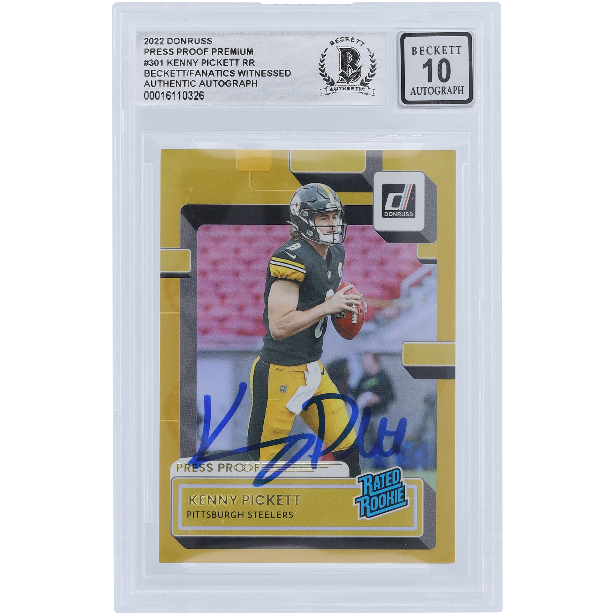 Kenny Pickett Pittsburgh Steelers signiert 2022 Panini Donruss bewertet Rookie Press Proof Premium #301 Beckett Fanatics bezeugt authentifiziert 10 Rookie-Karte