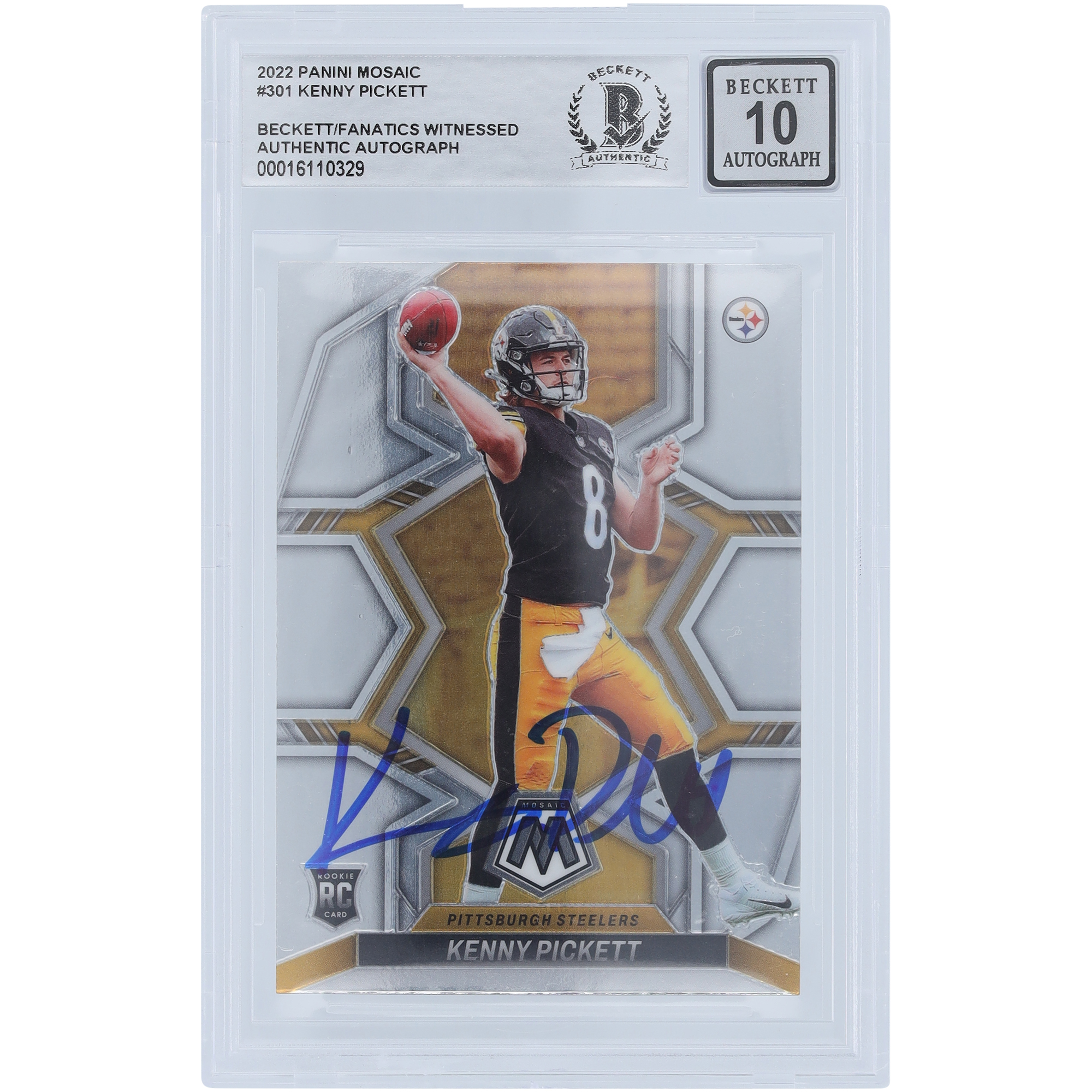 Kenny Pickett Pittsburgh Steelers signiert 2022 Panini Mosaik #301 Beckett Fanatics Zeuge authentifizierte 10 Rookie-Karte