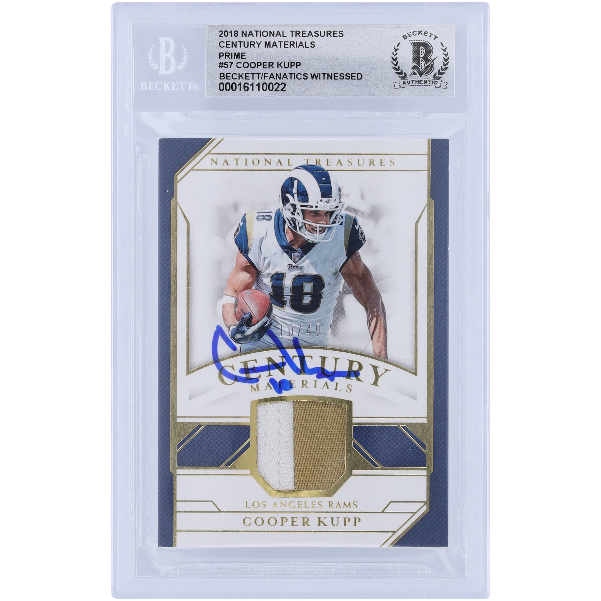 Cooper Kupp Los Angeles Rams signiert 2018 Panini National Treasures Century Materials 2 Color Relic Prime #CM-CK #10/49 Beckett Fanatics bezeugt authentifiziert 10 Karte