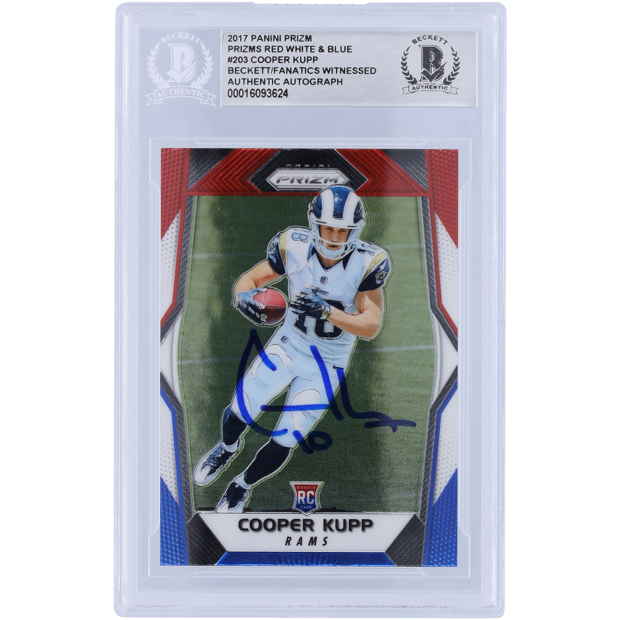 Cooper Kupp Los Angeles Rams signierte 2017 Panini Prizm Rot Weiß & Blau #203 Beckett Fanatics bezeugte authentifizierte Rookie-Karte