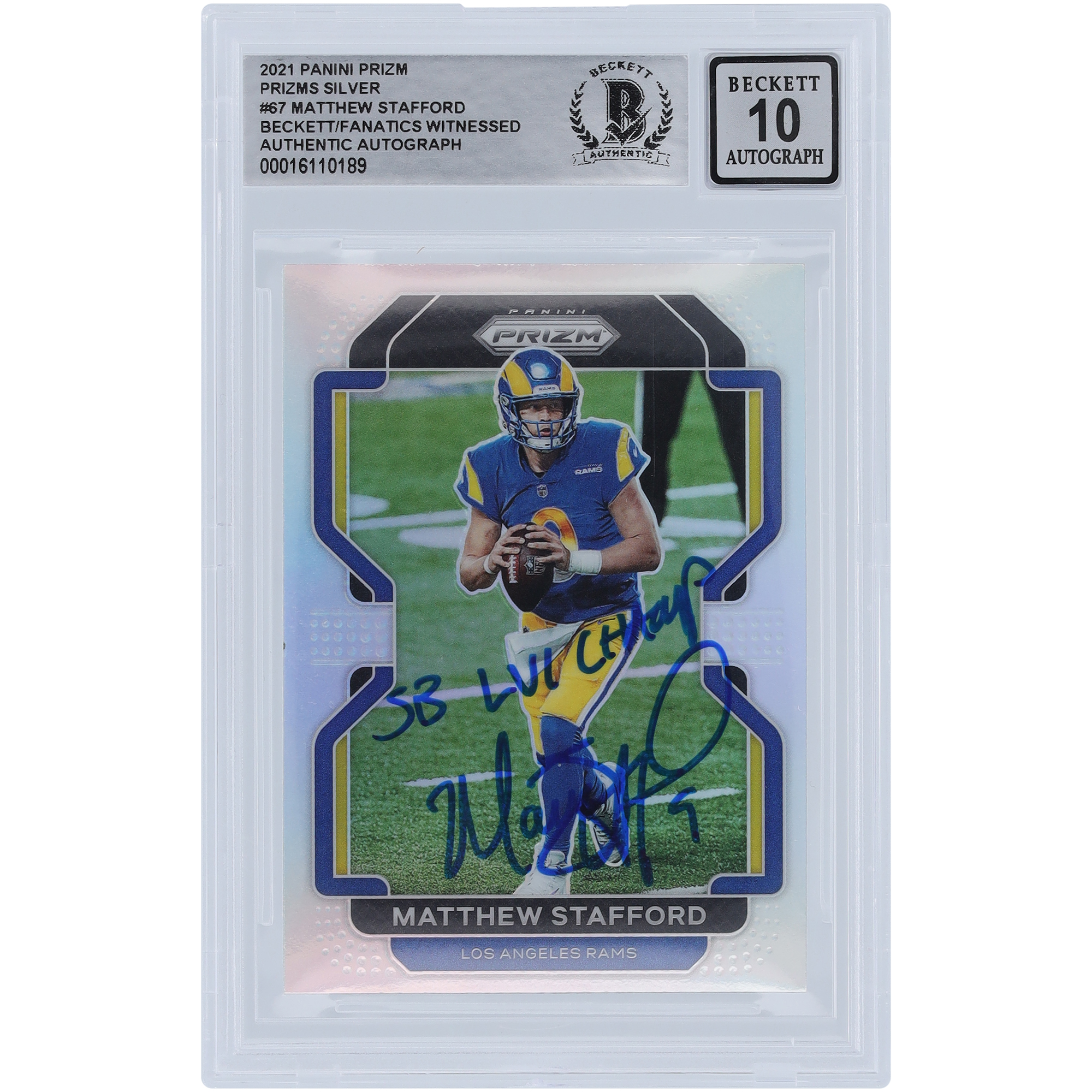 Matthew Stafford Los Angeles Rams signiert 2021 Panini Prizm Silver #67 Beckett Fanatics bezeugt authentifizierte 10er-Karte mit „SB LVI CHAMP“-Aufschrift