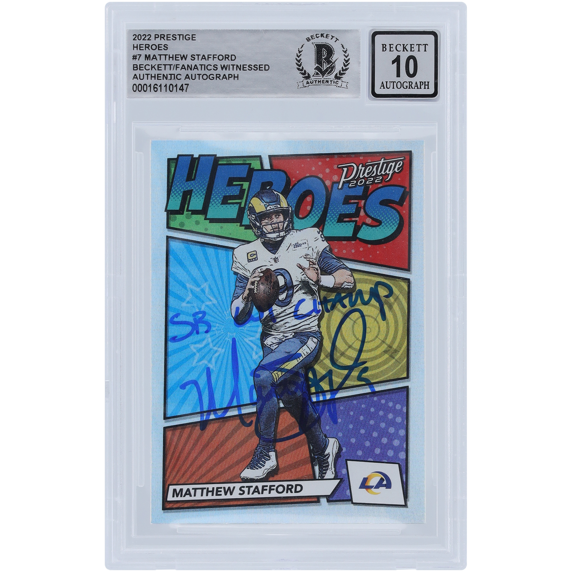 Matthew Stafford Los Angeles Rams signiert 2022 Panini Prestige Heroes #H-7 Beckett Fanatics bezeugt authentifizierte 10er-Karte mit „SB LVI CHAMP“-Aufschrift