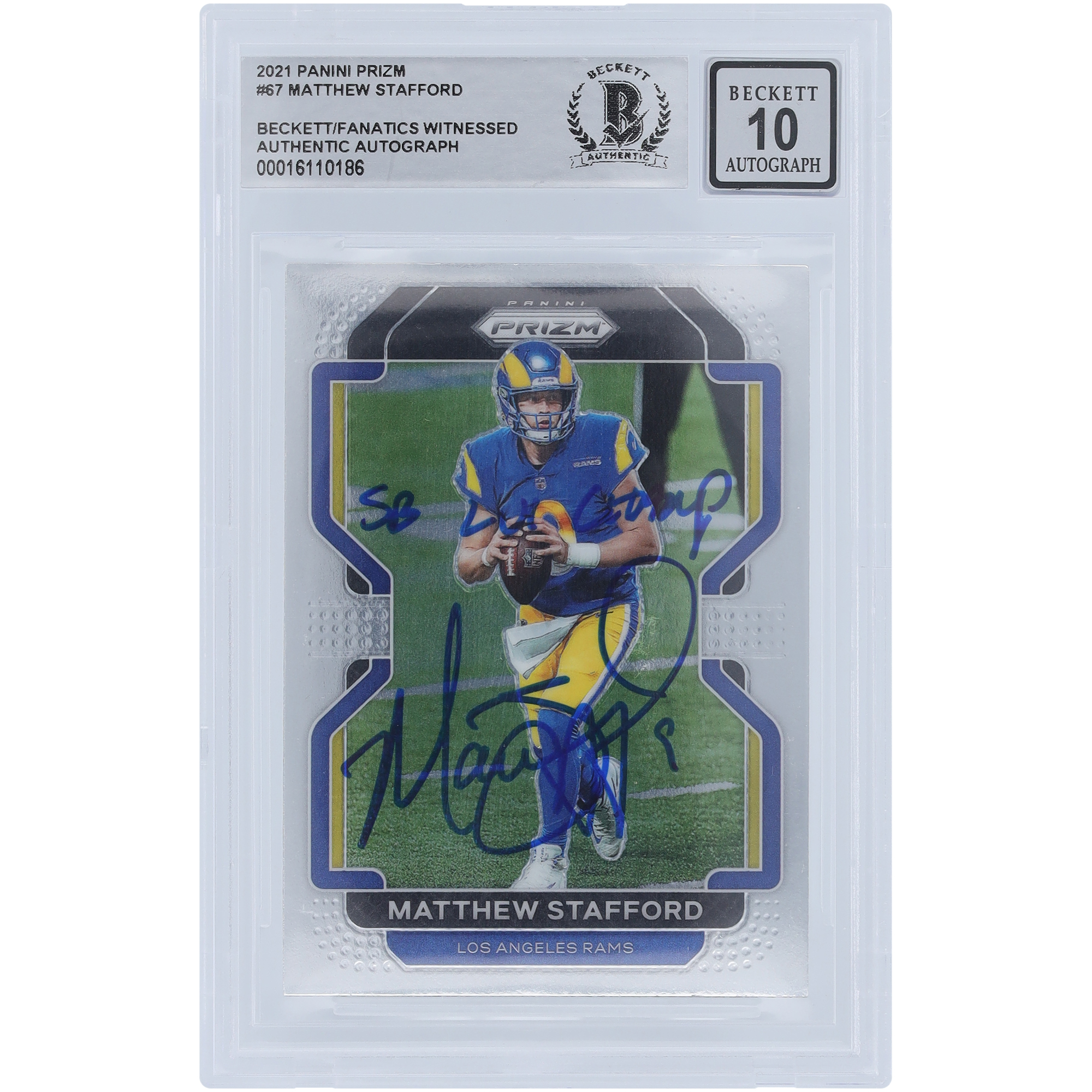 Matthew Stafford Los Angeles Rams signiert 2021 Panini Prizm #67 Beckett Fanatics bezeugt authentifizierte 10er-Karte mit „SB LVI CHAMP“-Aufschrift