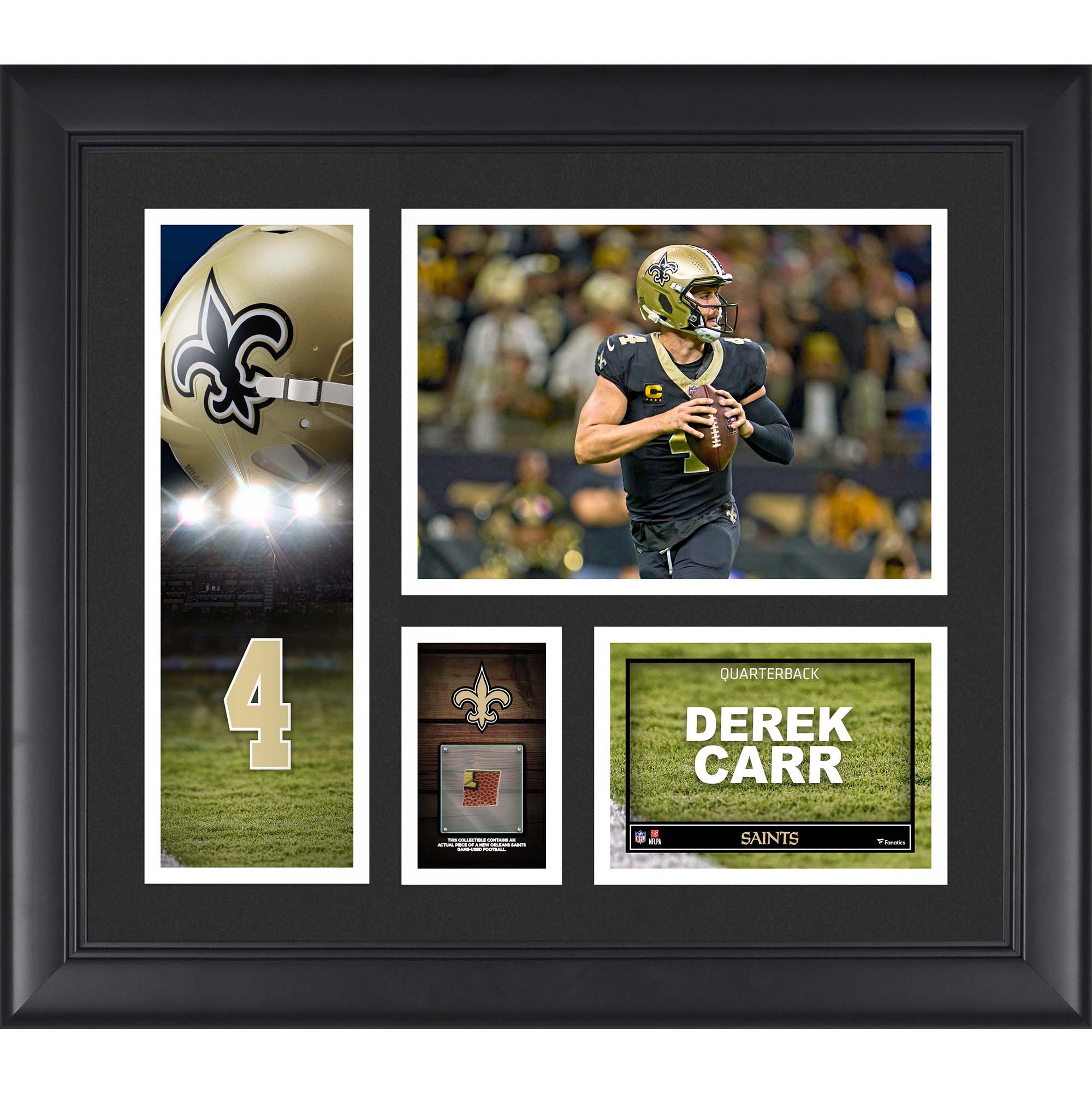 Gerahmte Spielercollage der New Orleans Saints von Derek Carr, 15 x 17 Zoll, mit einem Stück eines beim Spiel verwendeten Balls