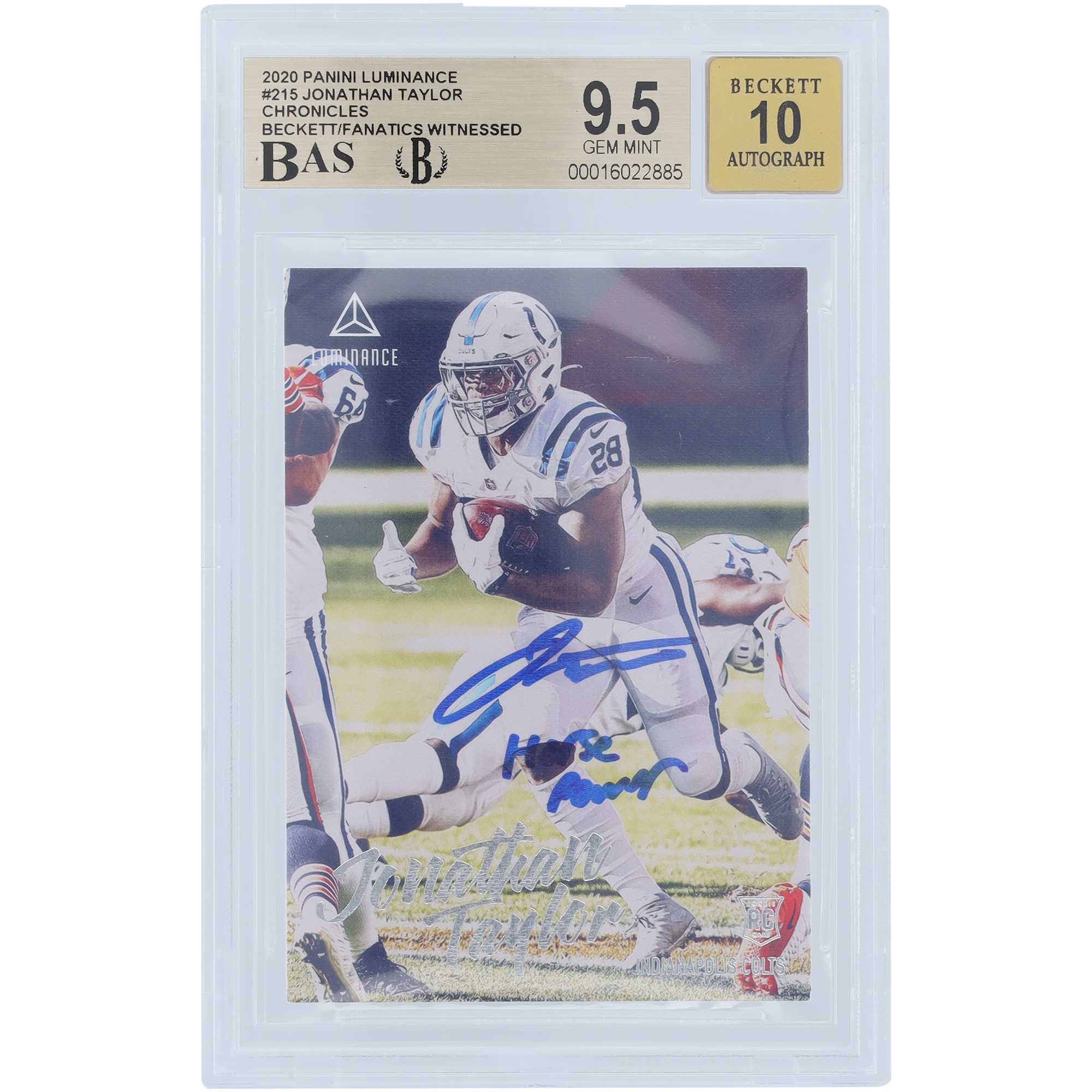 Jonathan Taylor Indianapolis Colts signierte 2020 Panini Luminance #215 Beckett Fanatics bezeugte authentifizierte 9,5/10 Rookie-Karte mit „Horse Power“-Inschrift