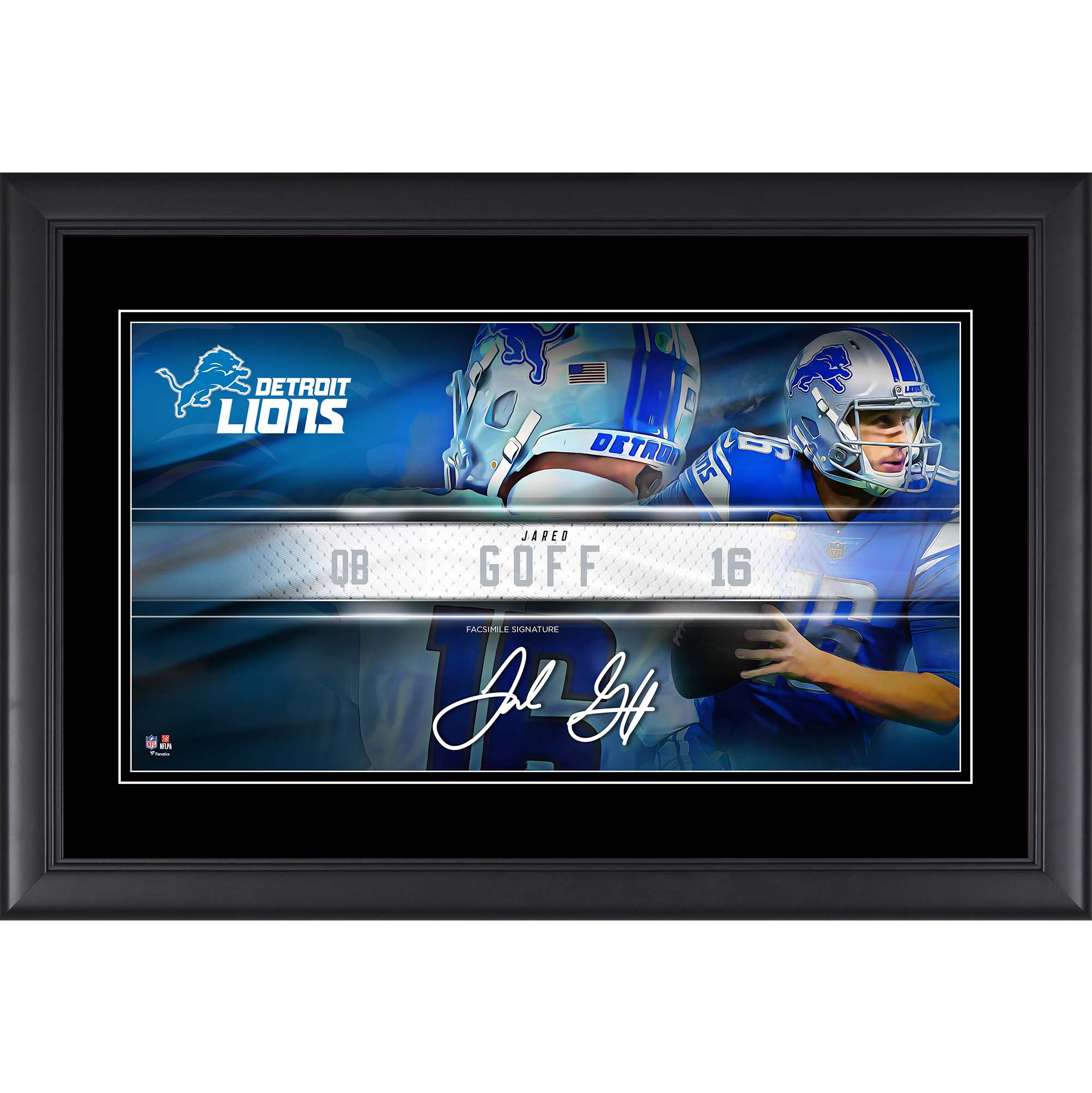 Jared Goff Detroit Lions Faksimile-Signatur, gerahmt, 10 x 18 Zoll, Spieler-Namensschild-Collage