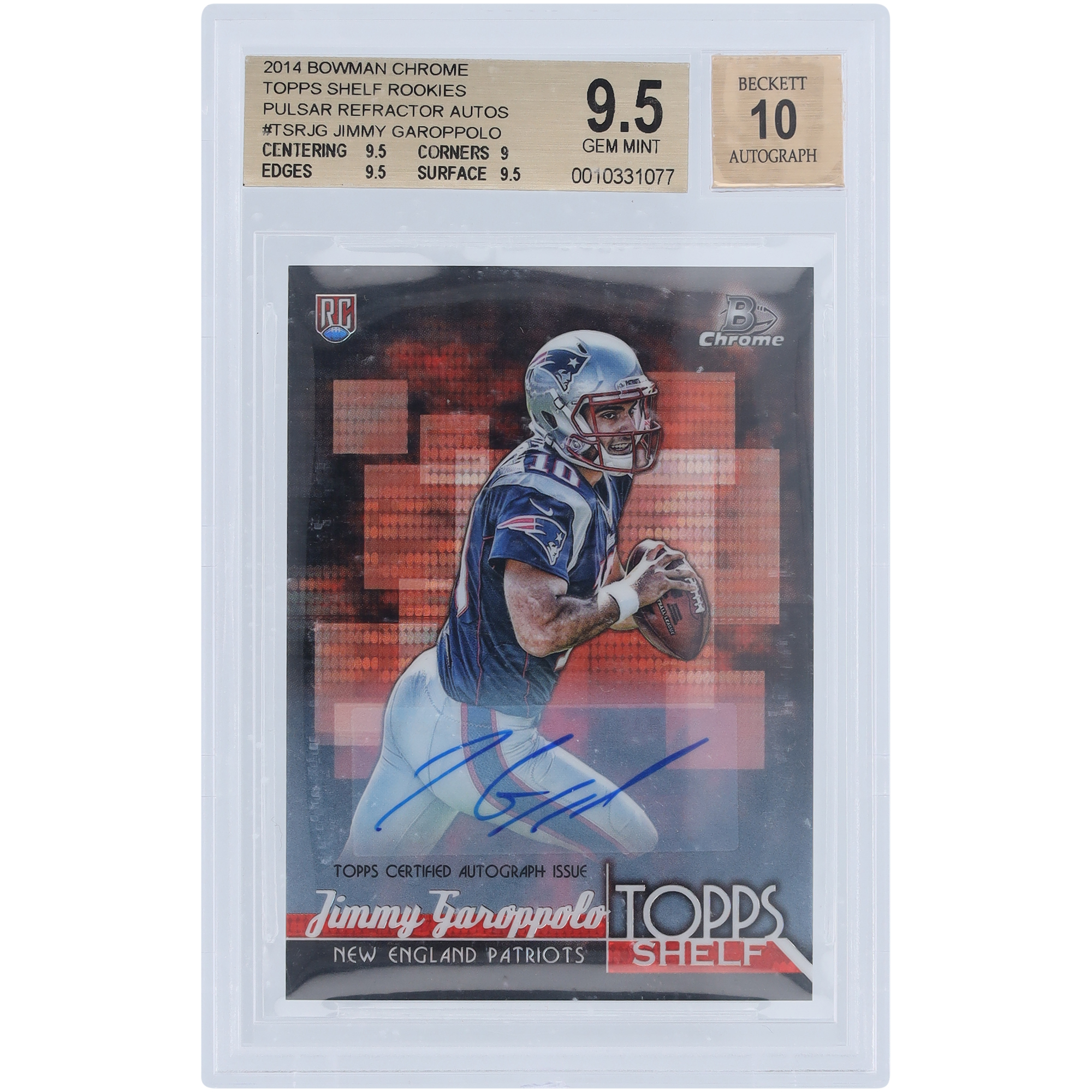 Jimmy Garoppolo New England Patriots signierte 2014 Bowman Chrome Pulsar Refractor #TSR-JG #1/5 BGS authentifizierte 9,5/10 Rookie-Karte – 9,5,9,9,5,9,5 Unterklassen