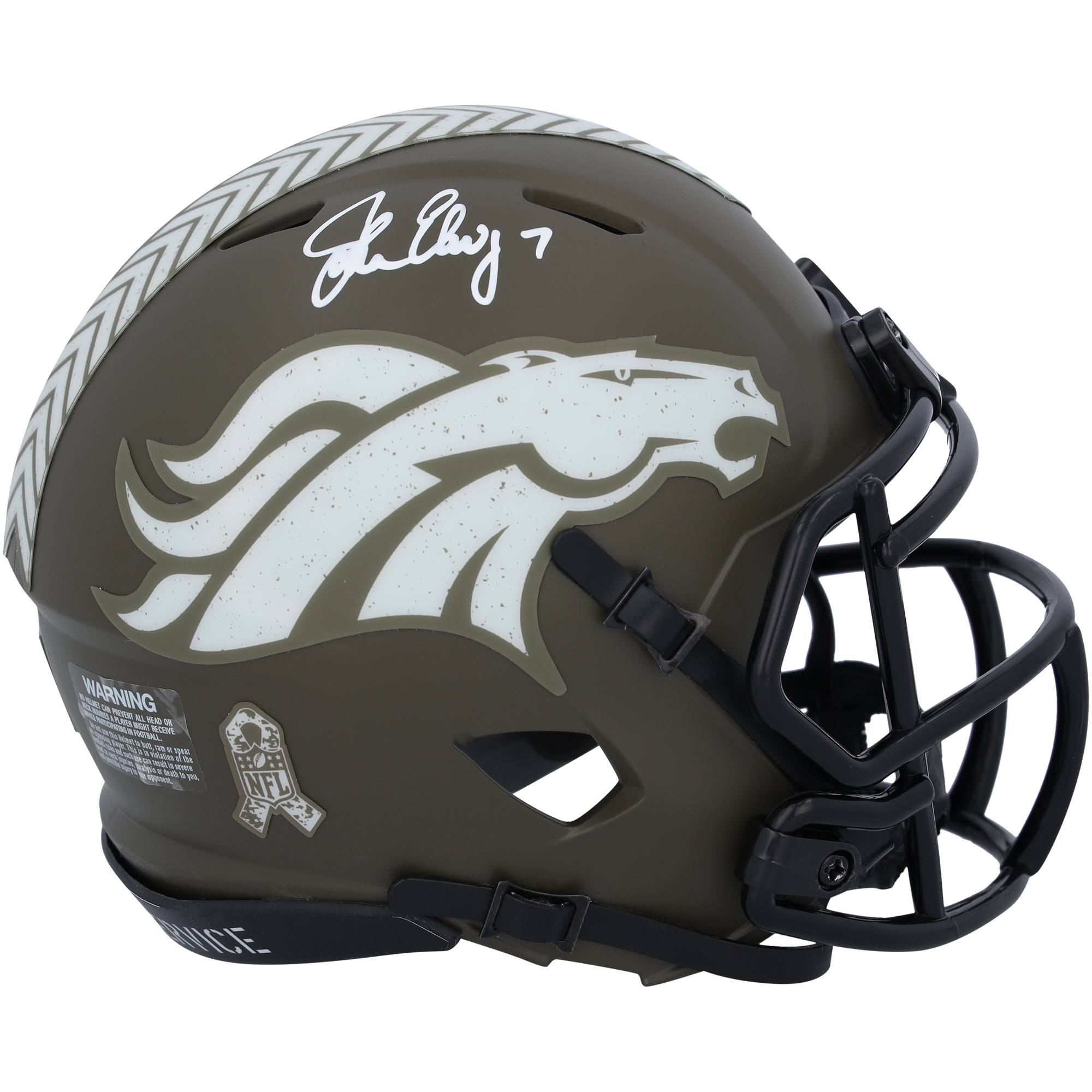 Von John Elway signierter Riddell Speed ​​Mini-Helm von den Denver Broncos für den Salute to Service 2022