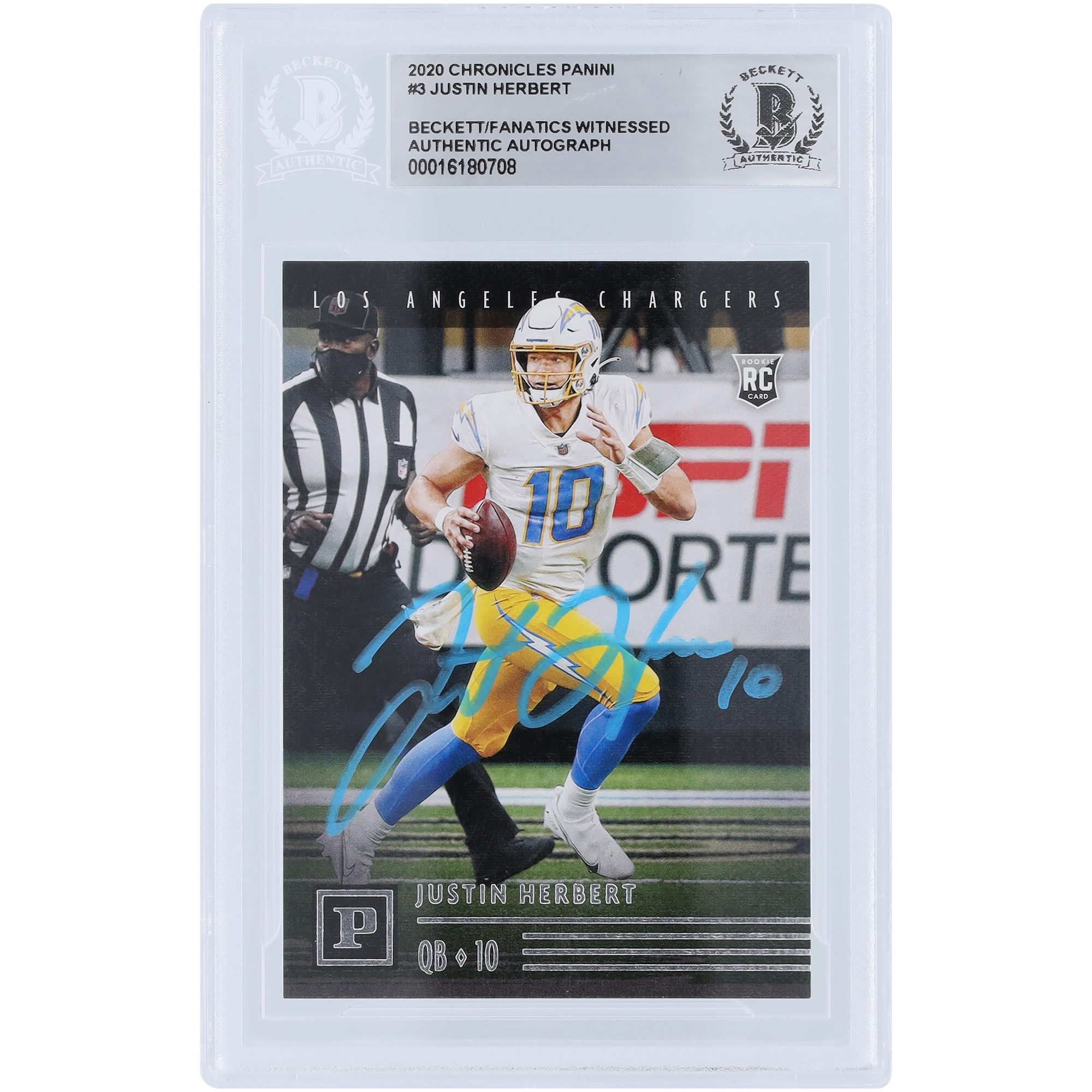 Justin Herbert, Los Angeles Chargers, signierte 2020 Panini Chronicles, Powder Blue Paint #PA-3, Beckett Fanatics bezeugte authentifizierte Rookie-Karte