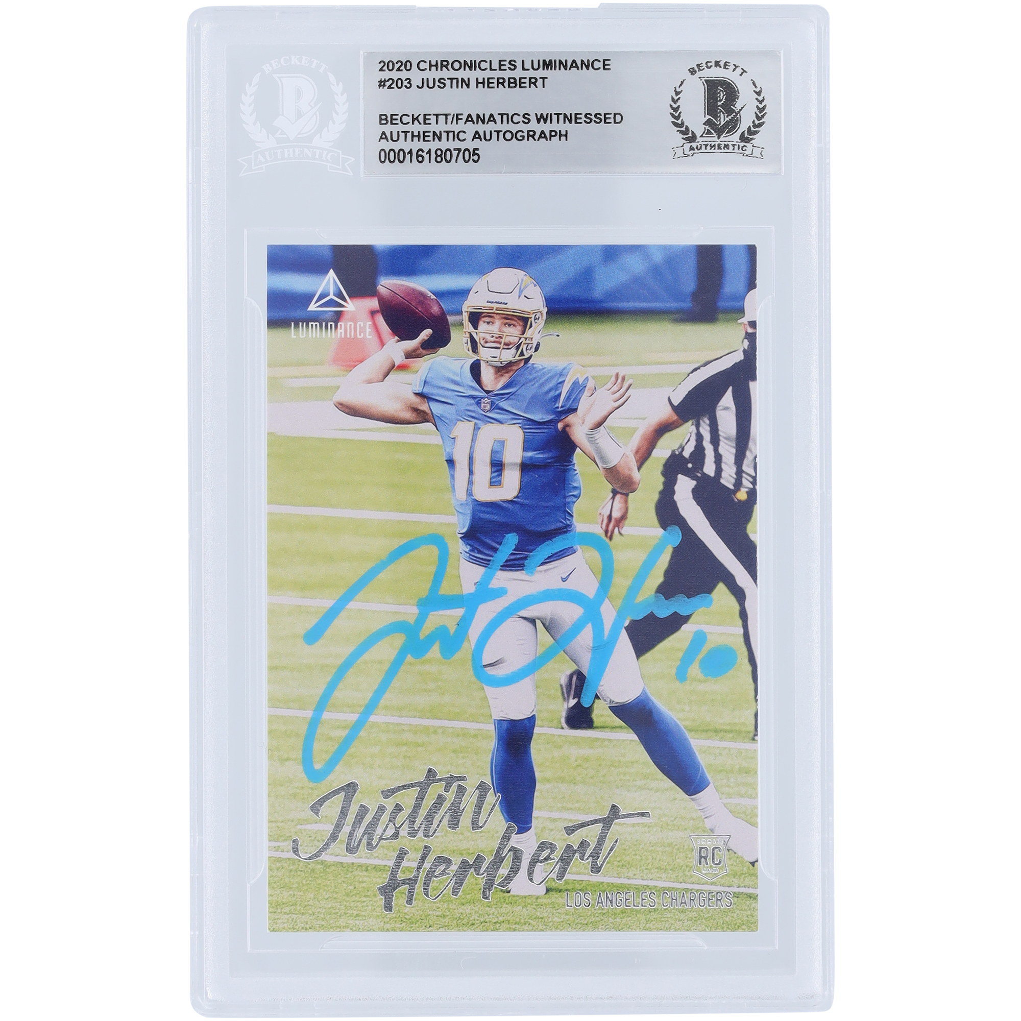 Justin Herbert, Los Angeles Chargers, signierte 2020 Panini Luminance Powder Blue Paint #203 Beckett Fanatics, bezeugte authentifizierte Rookie-Karte