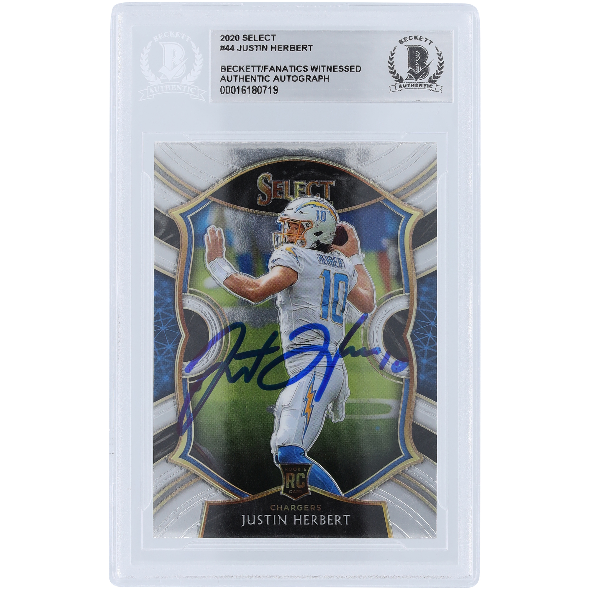 Justin Herbert, Los Angeles Chargers, signierte 2020 Panini Select #44 Beckett Fanatics, bezeugte authentifizierte Rookie-Karte