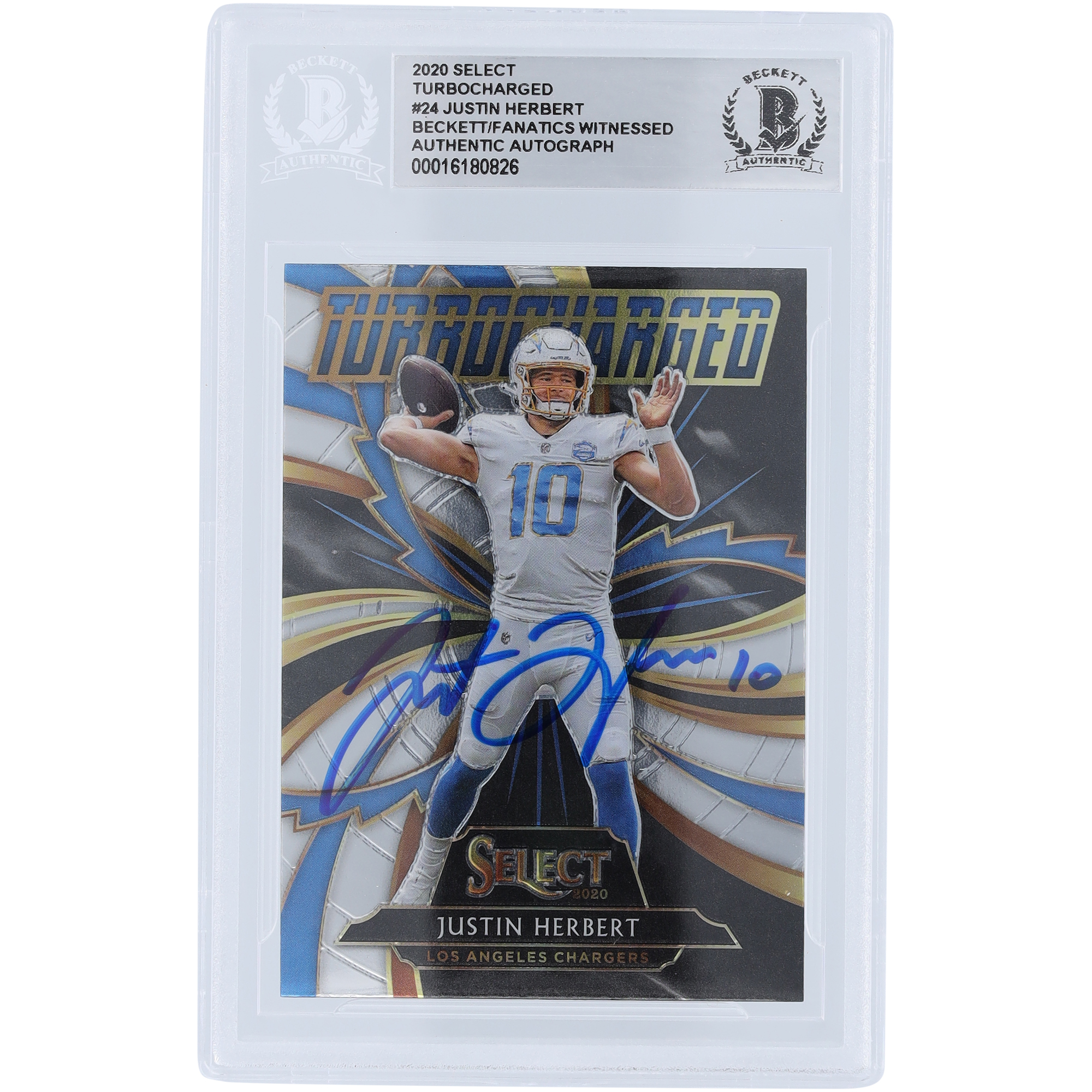 Justin Herbert, Los Angeles Chargers, signierte 2020 Panini Select Turbocharged #T24 Beckett Fanatics, bezeugte authentifizierte Rookie-Karte