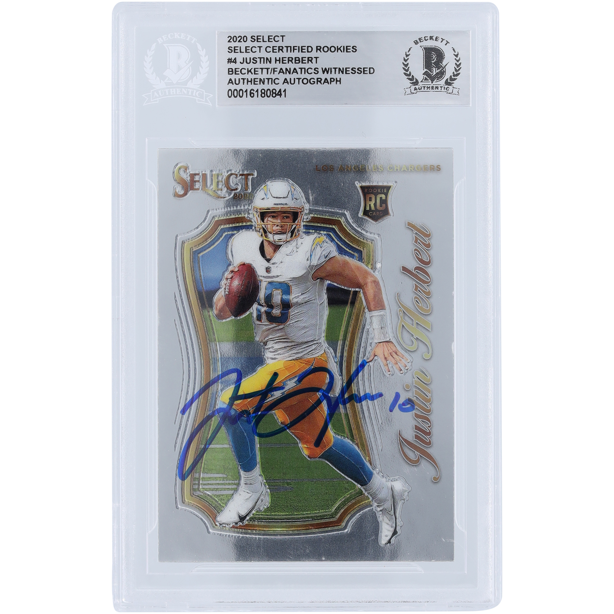 Justin Herbert, Los Angeles Chargers, signierte 2020 Panini Select #SCR-4 Beckett Fanatics, bezeugte authentifizierte Rookie-Karte