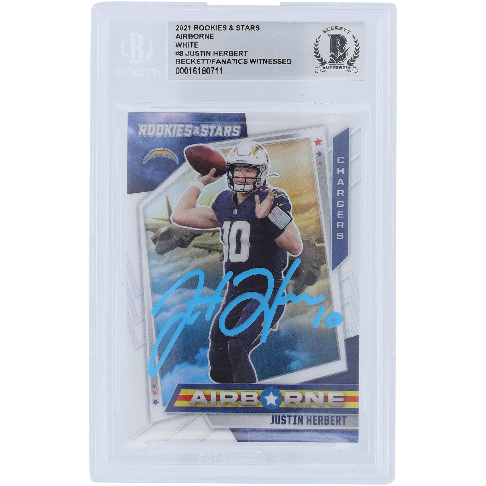 Justin Herbert Los Angeles Chargers signierte 2021 Panini Rookies & Stars Airborne – Weiß #AB-8 #73/149 Beckett Fanatics bezeugte authentifizierte Karte