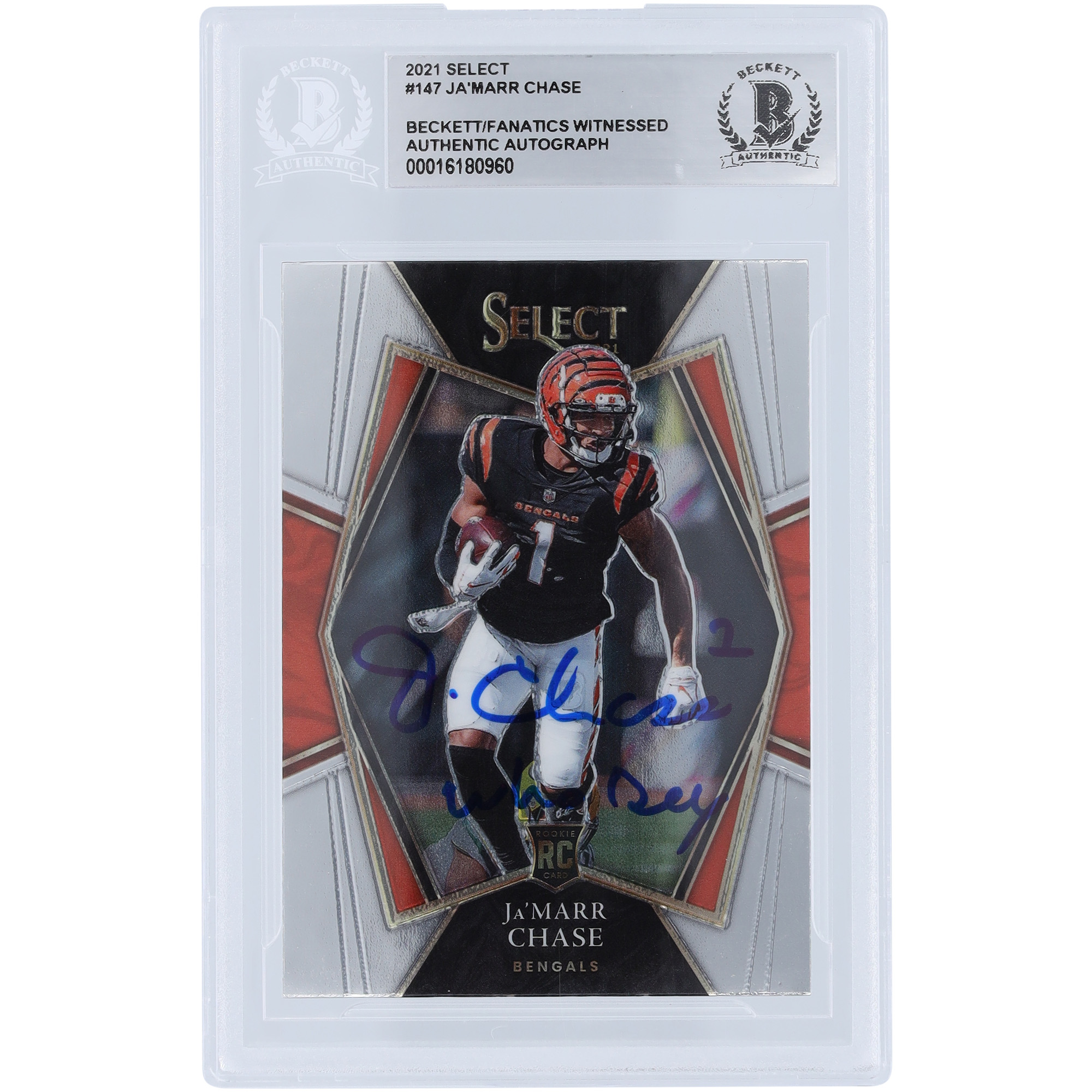 Ja’Marr Chase Cincinnati Bengals signierte 2021 Panini Select #147 Beckett Fanatics bezeugte authentifizierte Rookie-Karte mit „Who Dey“-Aufschrift