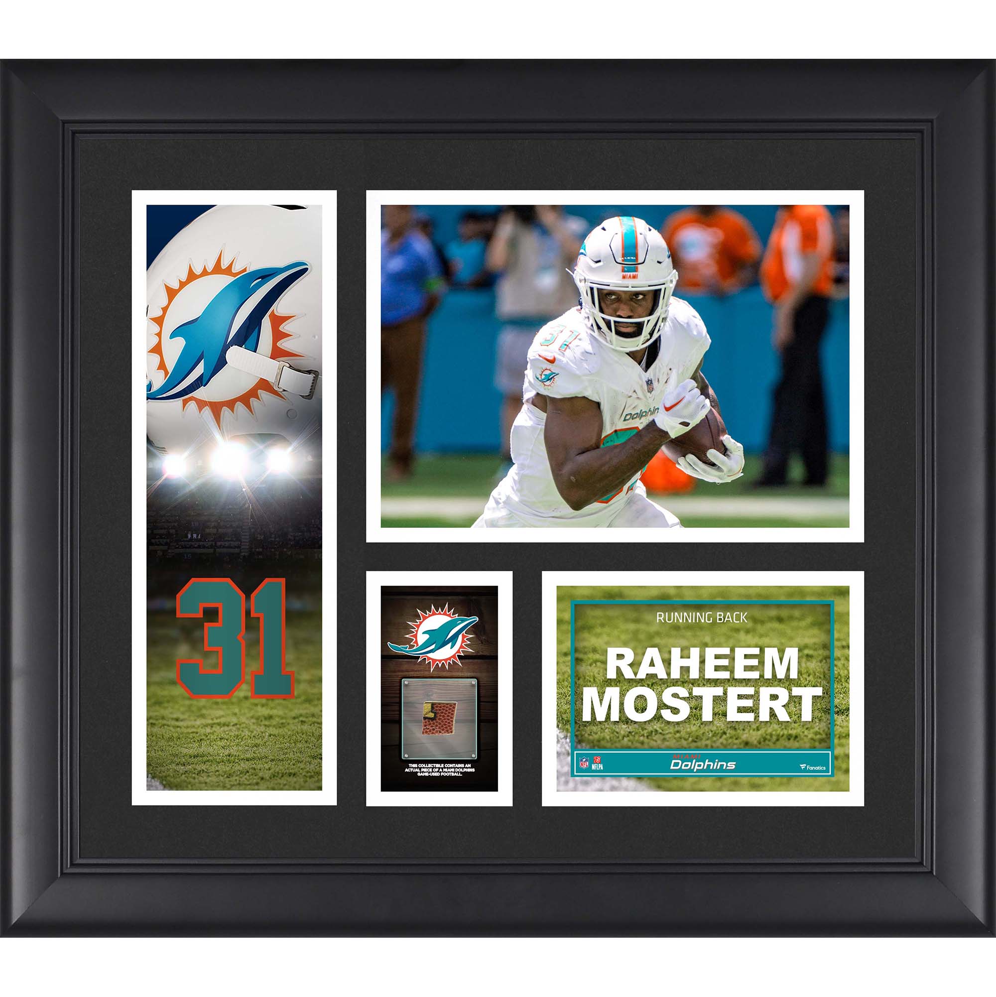 Raheem Mostert Miami Dolphins Gerahmte 15″ x 17″ Spielercollage mit einem Stück eines Spielballs