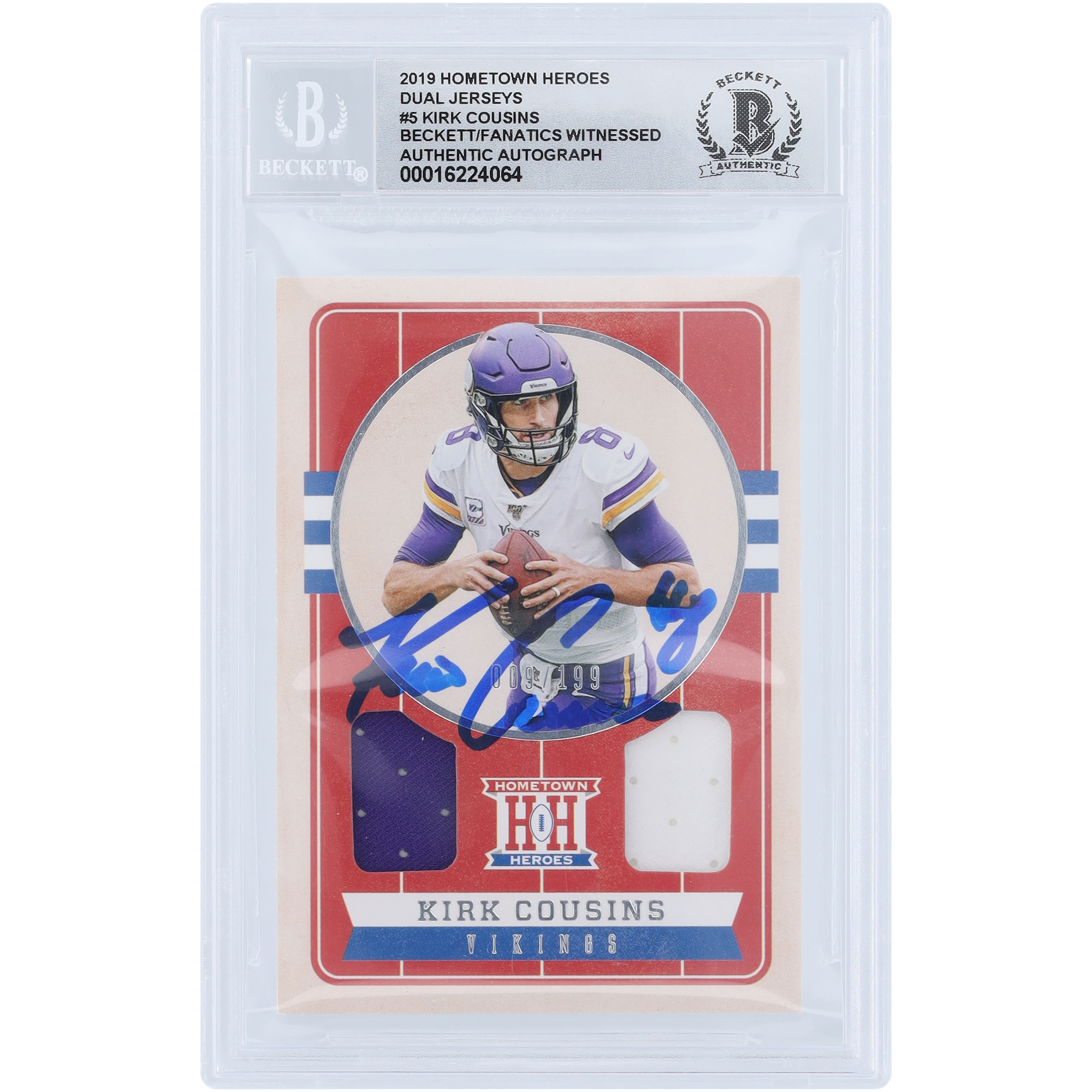 Kirk Cousins ​​Minnesota Vikings signiert 2019 Panini Hometown Heroes Relic #HH-5 #/199 Beckett Fanatics bezeugt authentifiziert 10 Karte