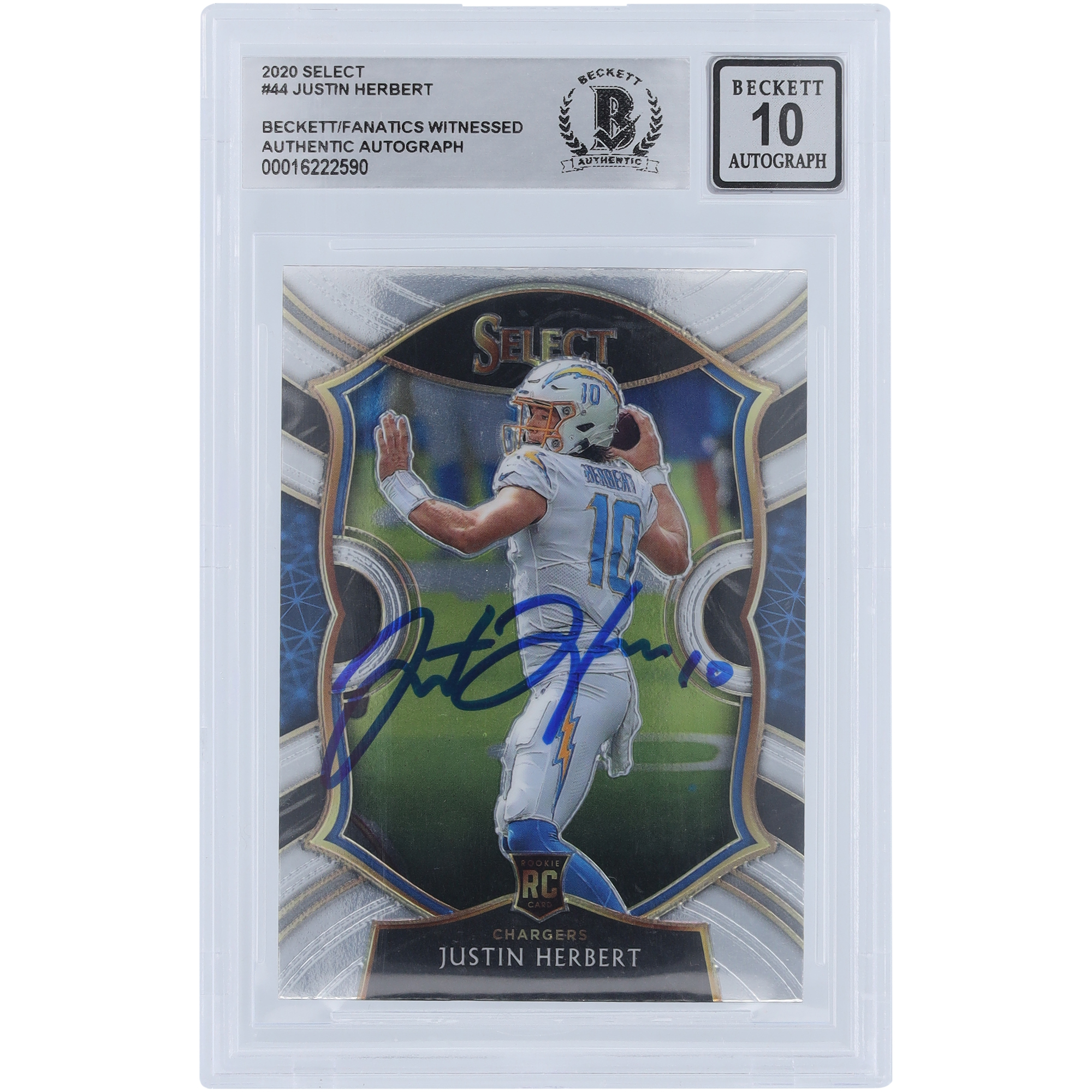 Justin Herbert, Los Angeles Chargers, signierte 2020 Panini Select #44 Beckett Fanatics, bezeugte authentifizierte 10 Rookie-Karte