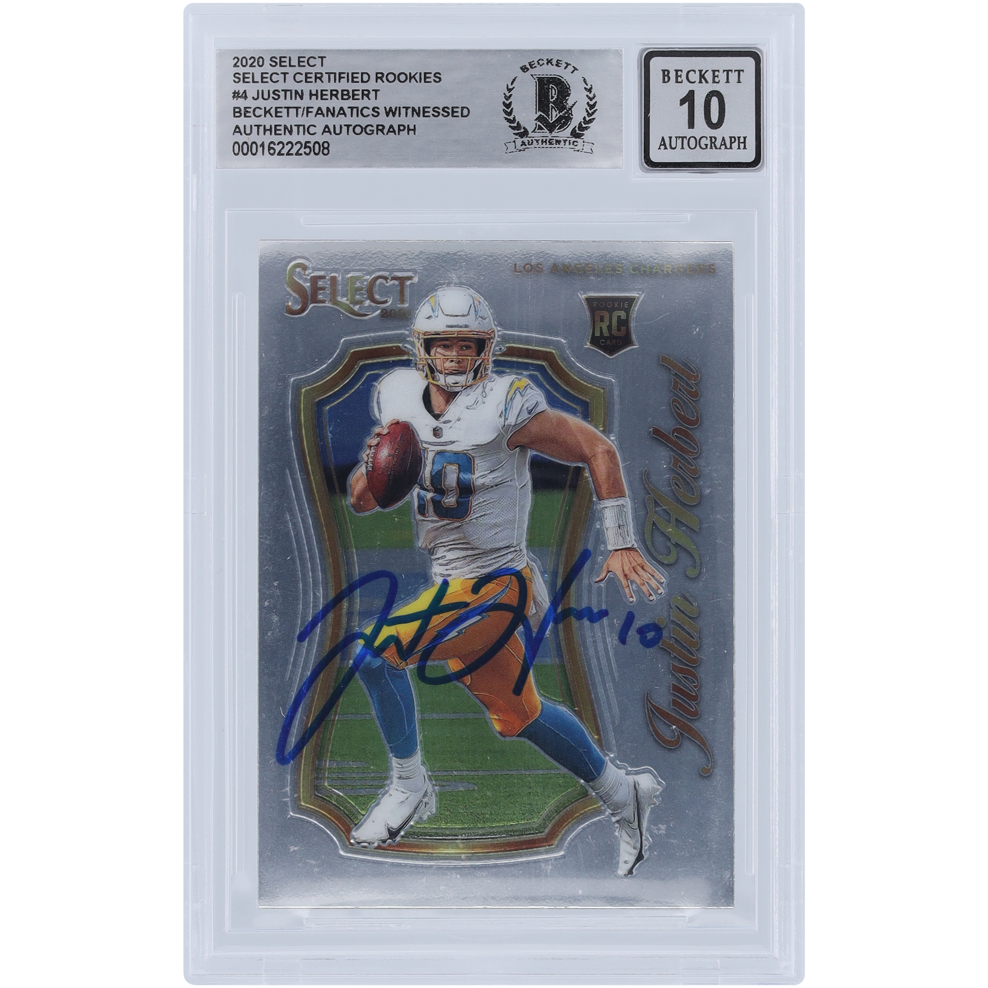 Justin Herbert, Los Angeles Chargers, signierte 2020 Panini Select Certified Rookies #SCR-4, Beckett Fanatics, bezeugte authentifizierte 10 Rookie-Karte