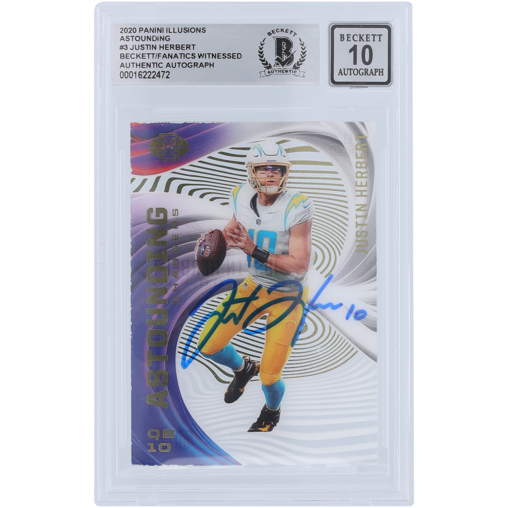 Justin Herbert, Los Angeles Chargers, signierte 2020 Panini Illusions #A3 Beckett Fanatics, bezeugte authentifizierte 10 Rookie-Karte